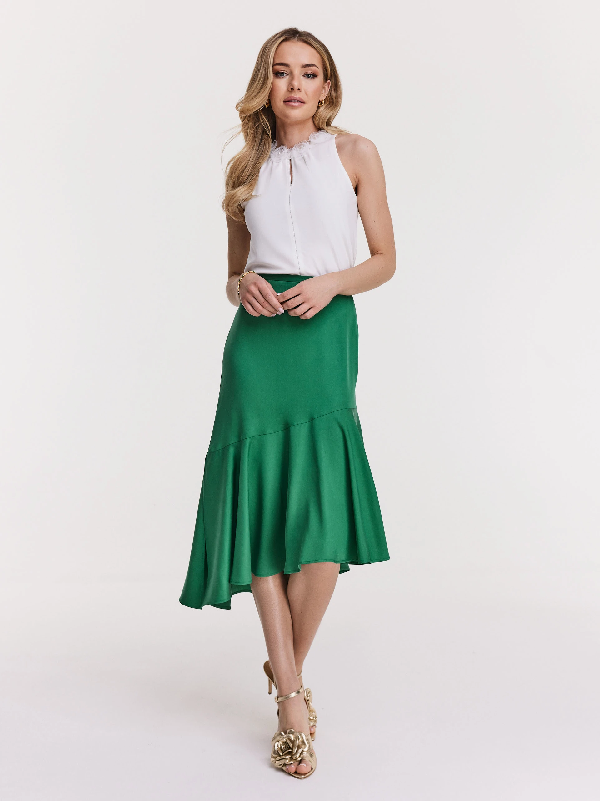 White blouse with roses on the neckline