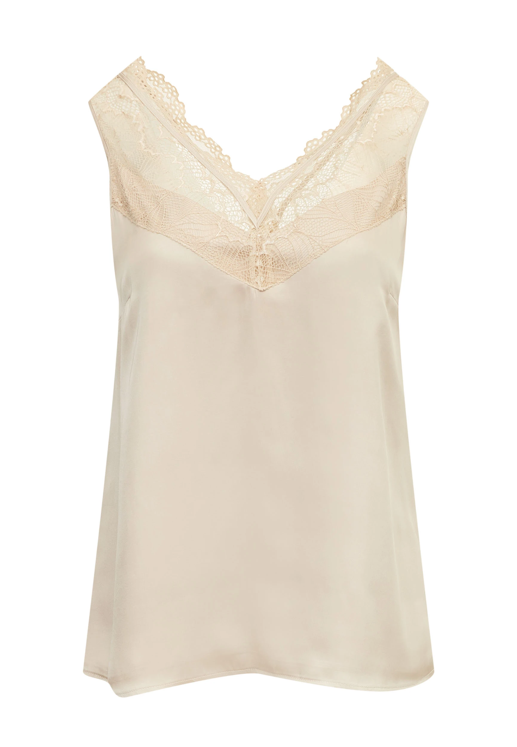 Beige satin top with lace inserts
