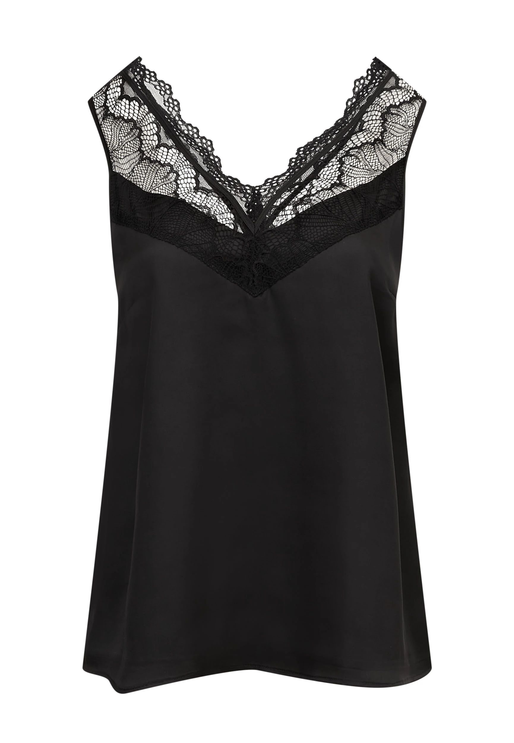 Black satin top with lace inserts