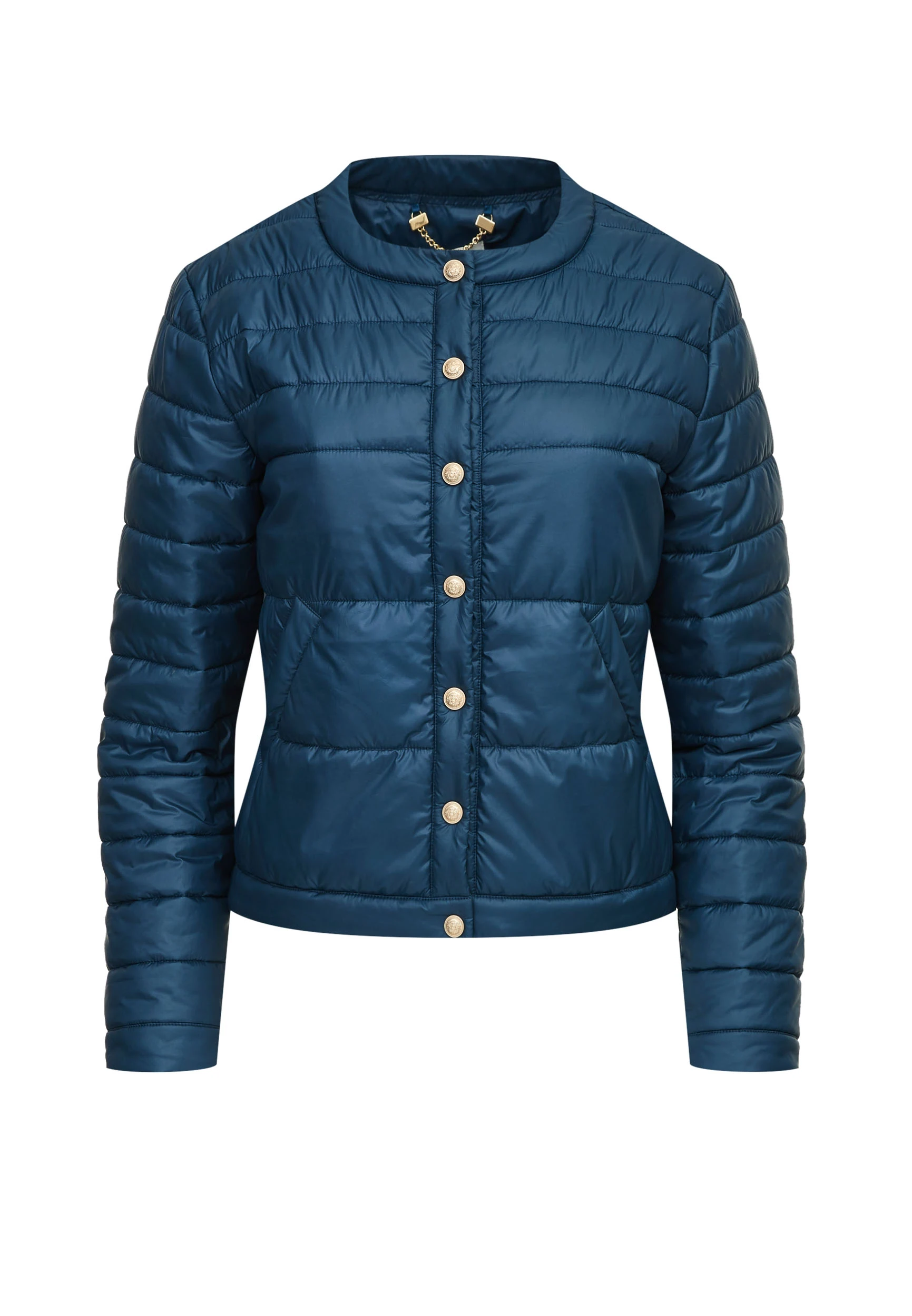 Navy blue quilted jacket with decorative buttons