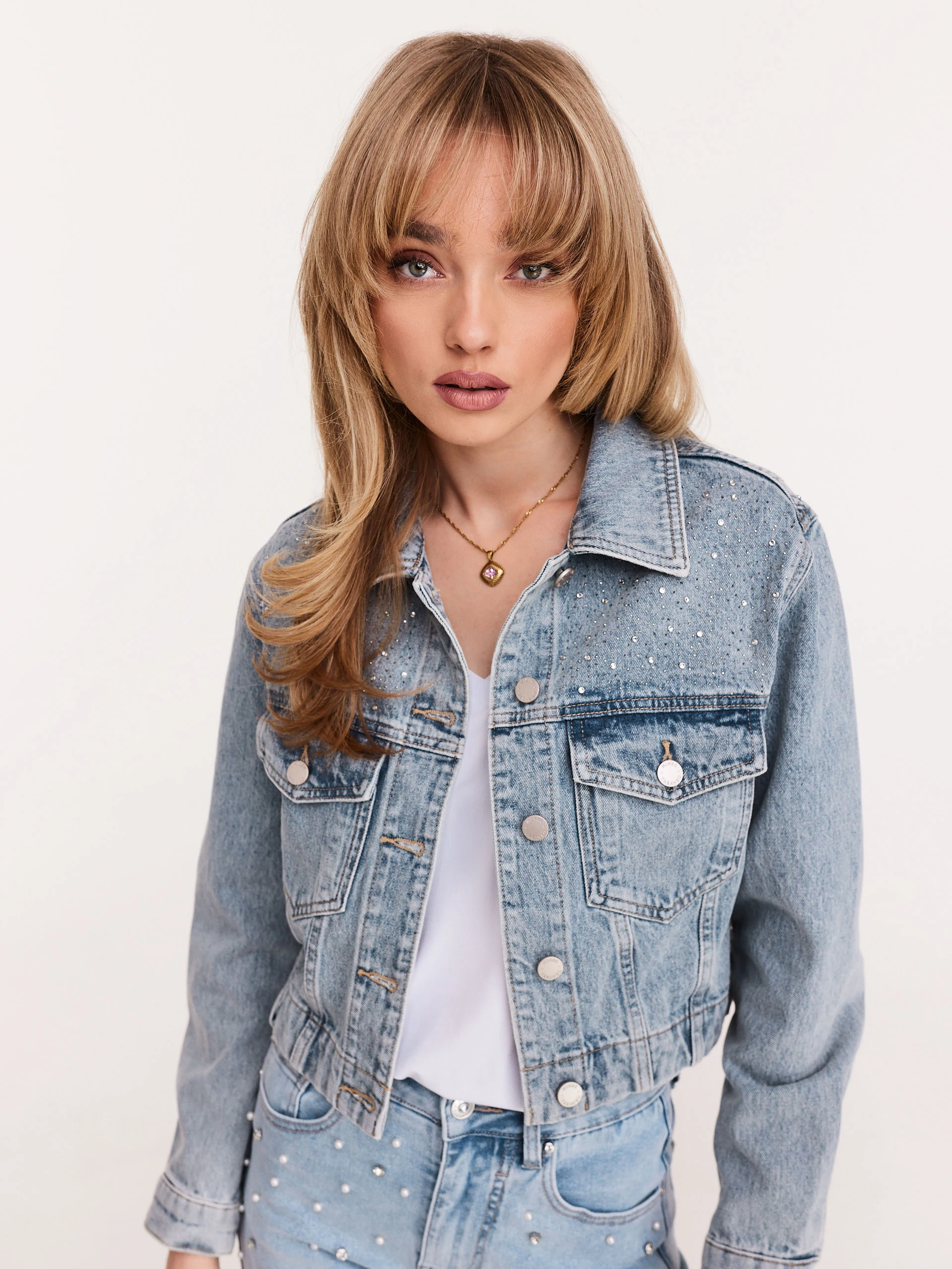 Short denim jacket with rhinestones
