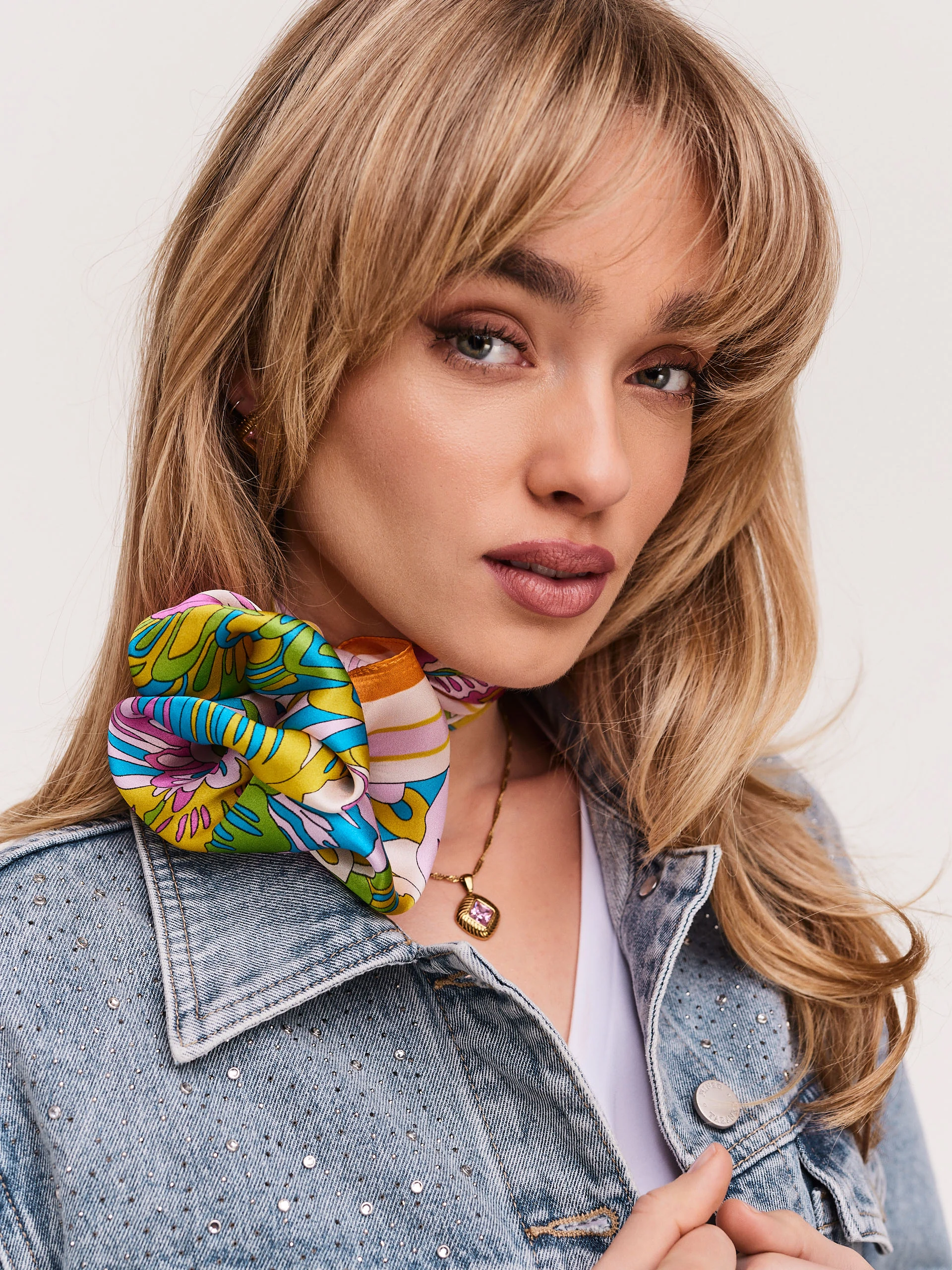 Short denim jacket with rhinestones