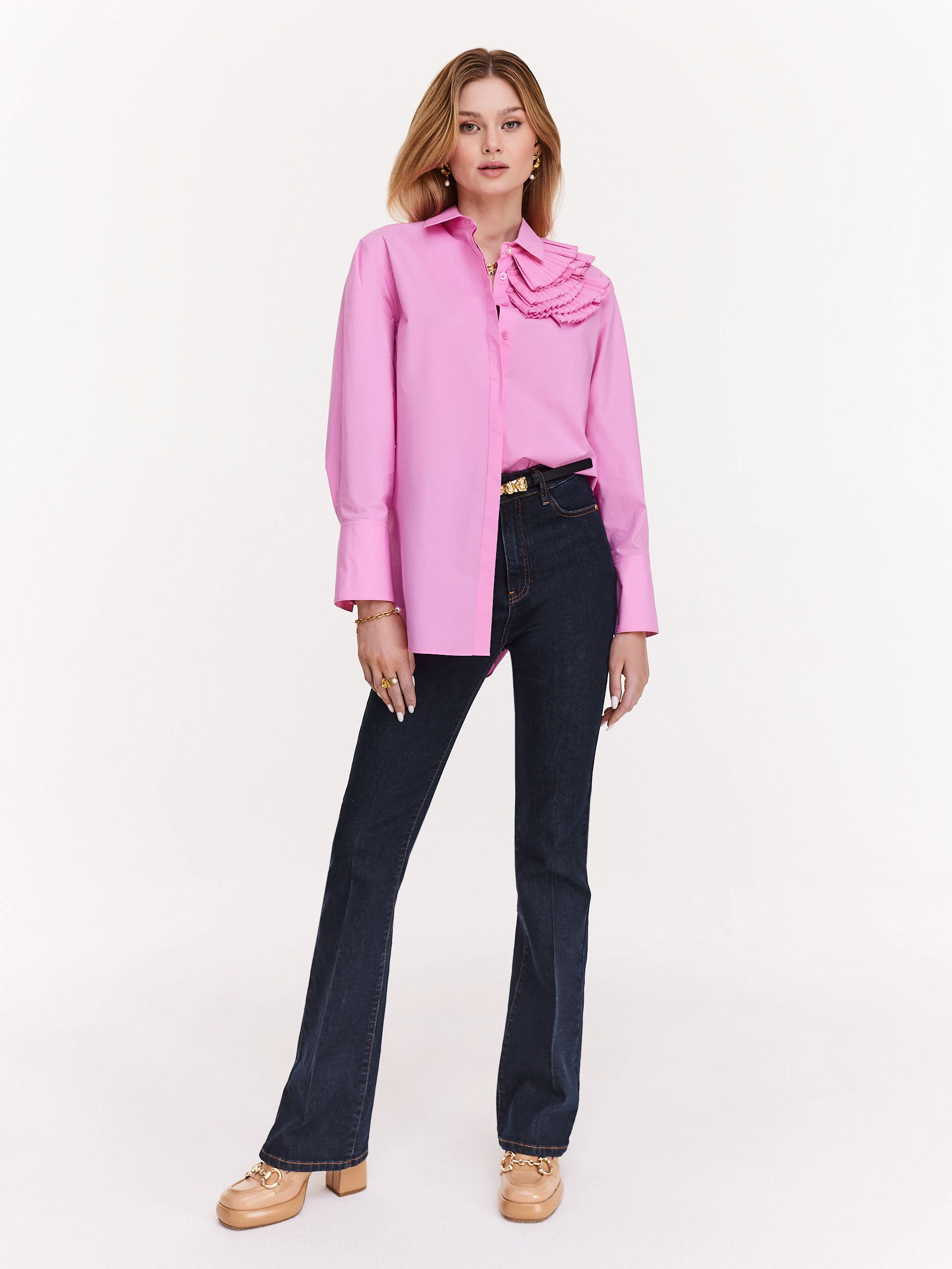 Pink cotton shirt with decorative ruffles
