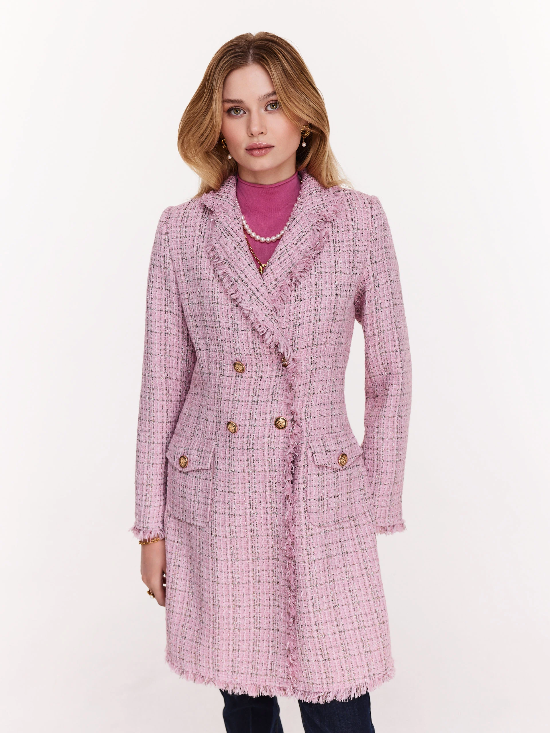 Pink wool bouclé fabric coat