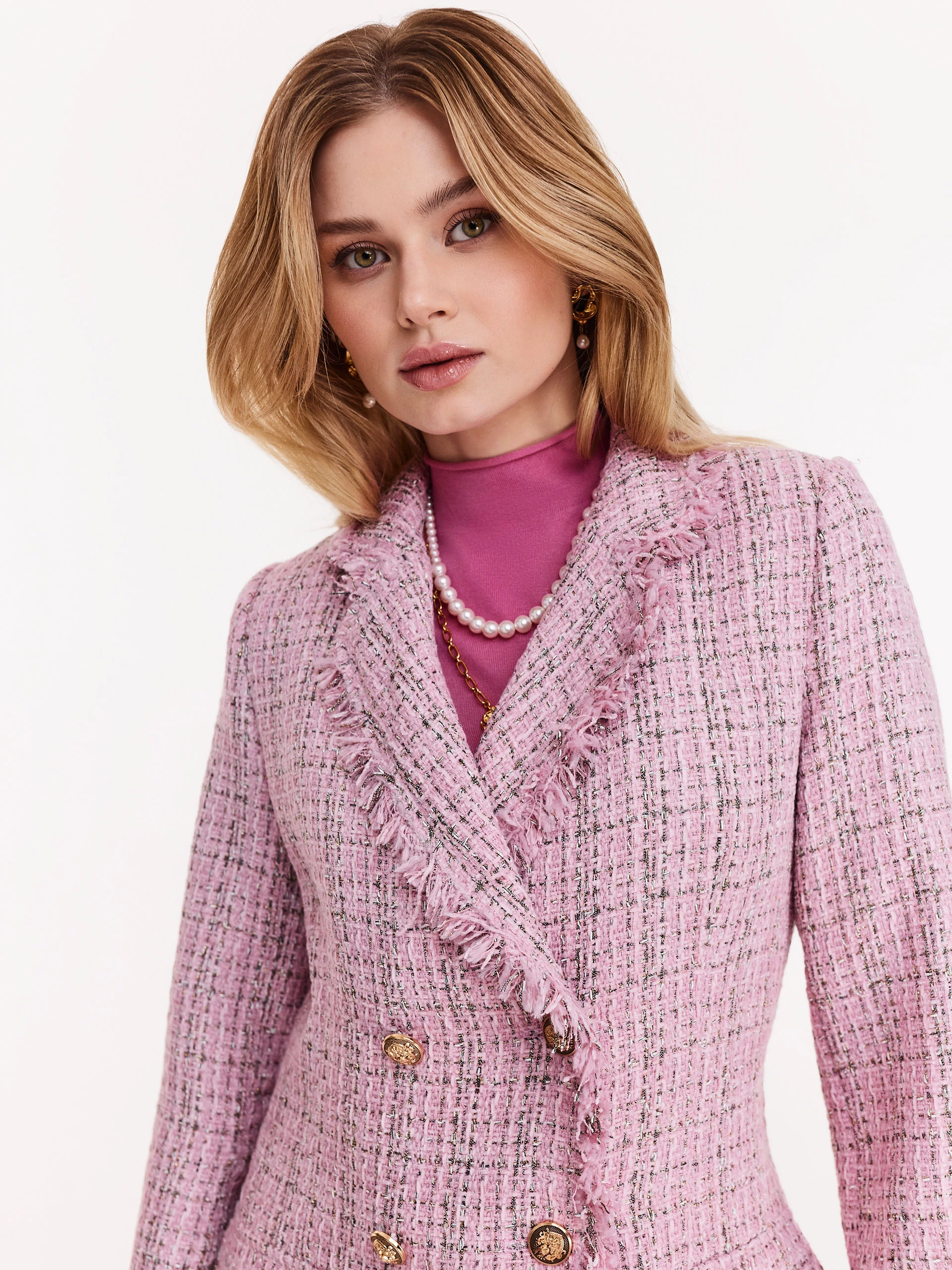 Pink wool bouclé fabric coat