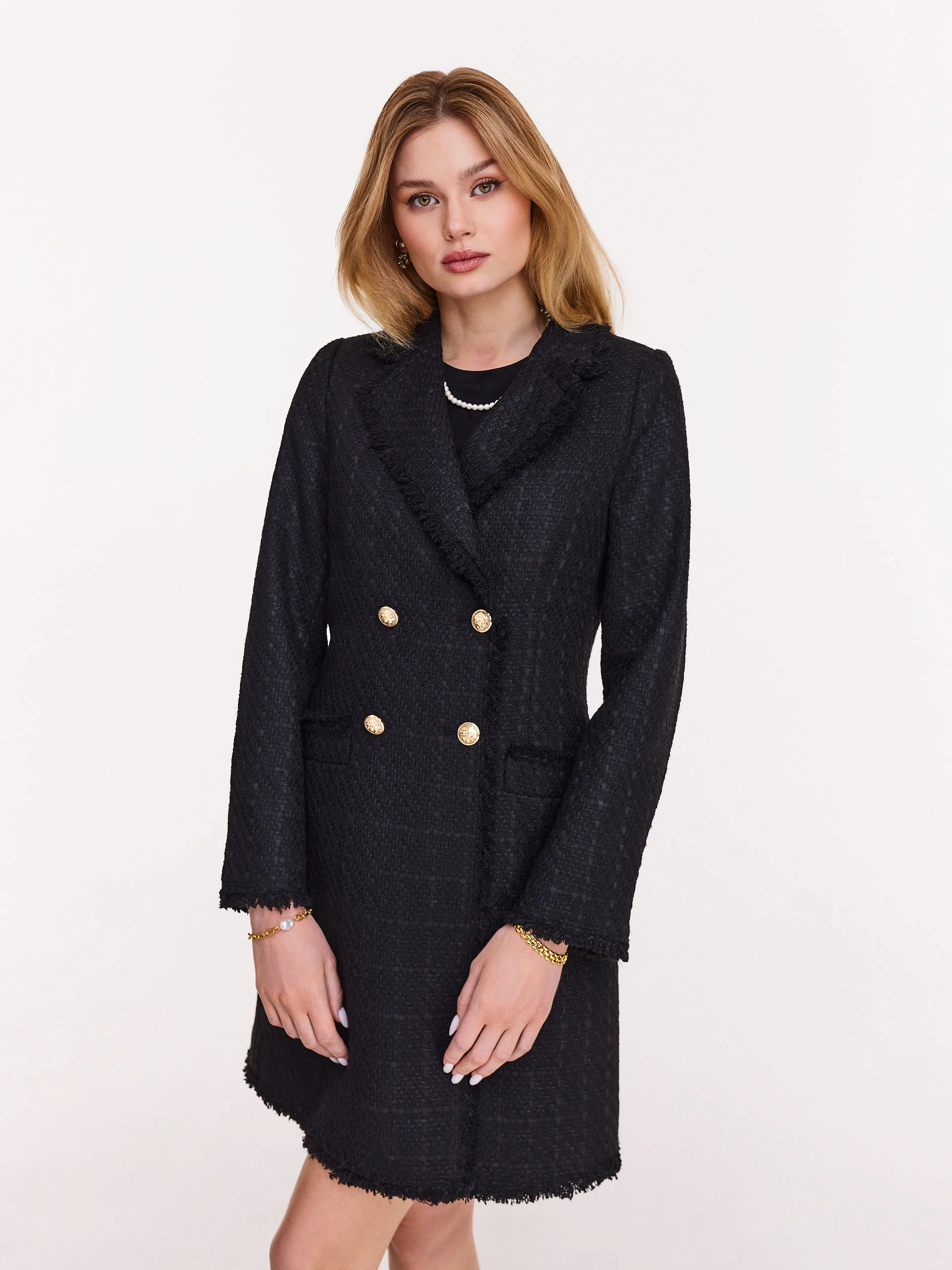 Black bouclé fabric coat