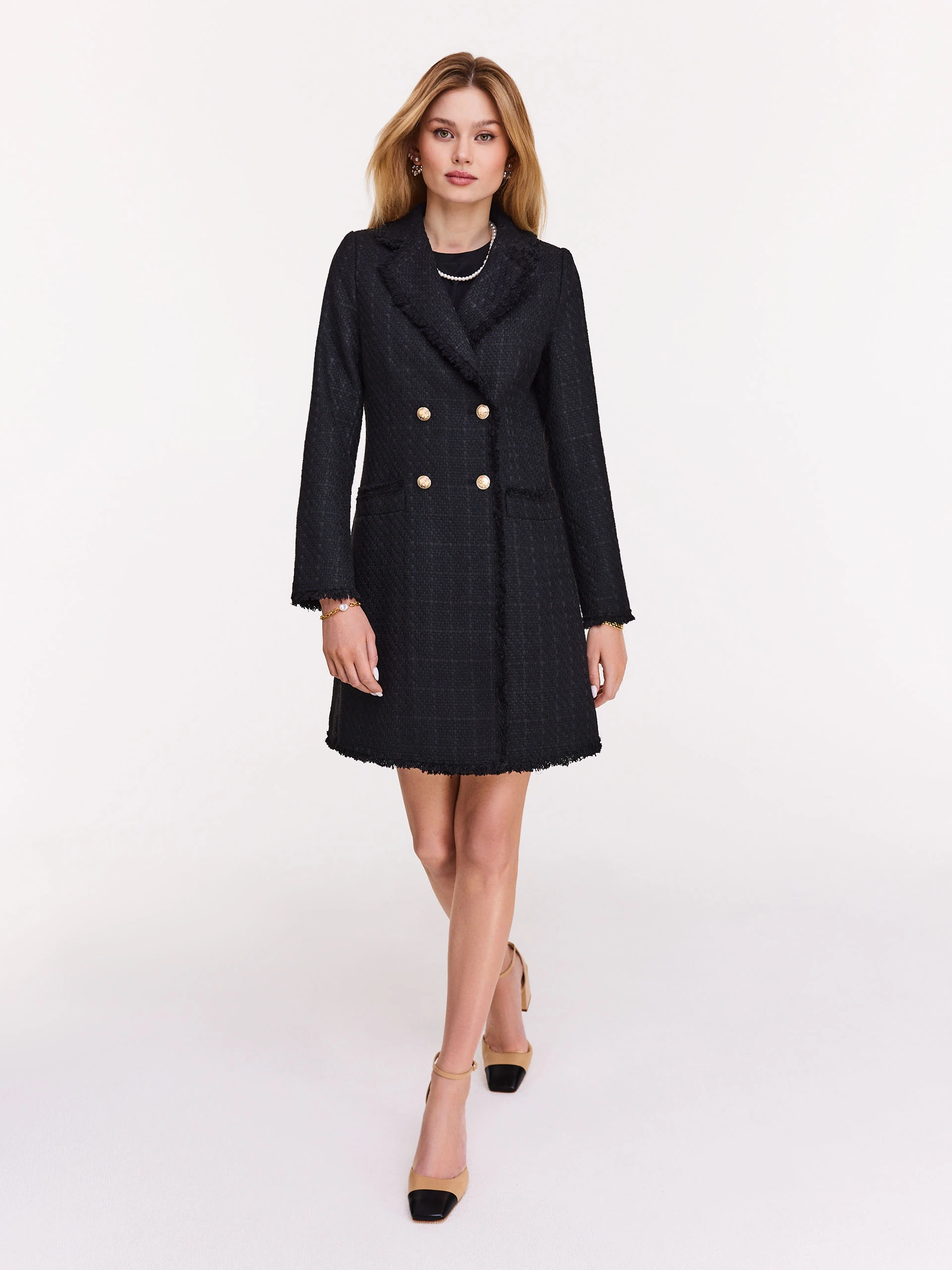 Black bouclé fabric coat
