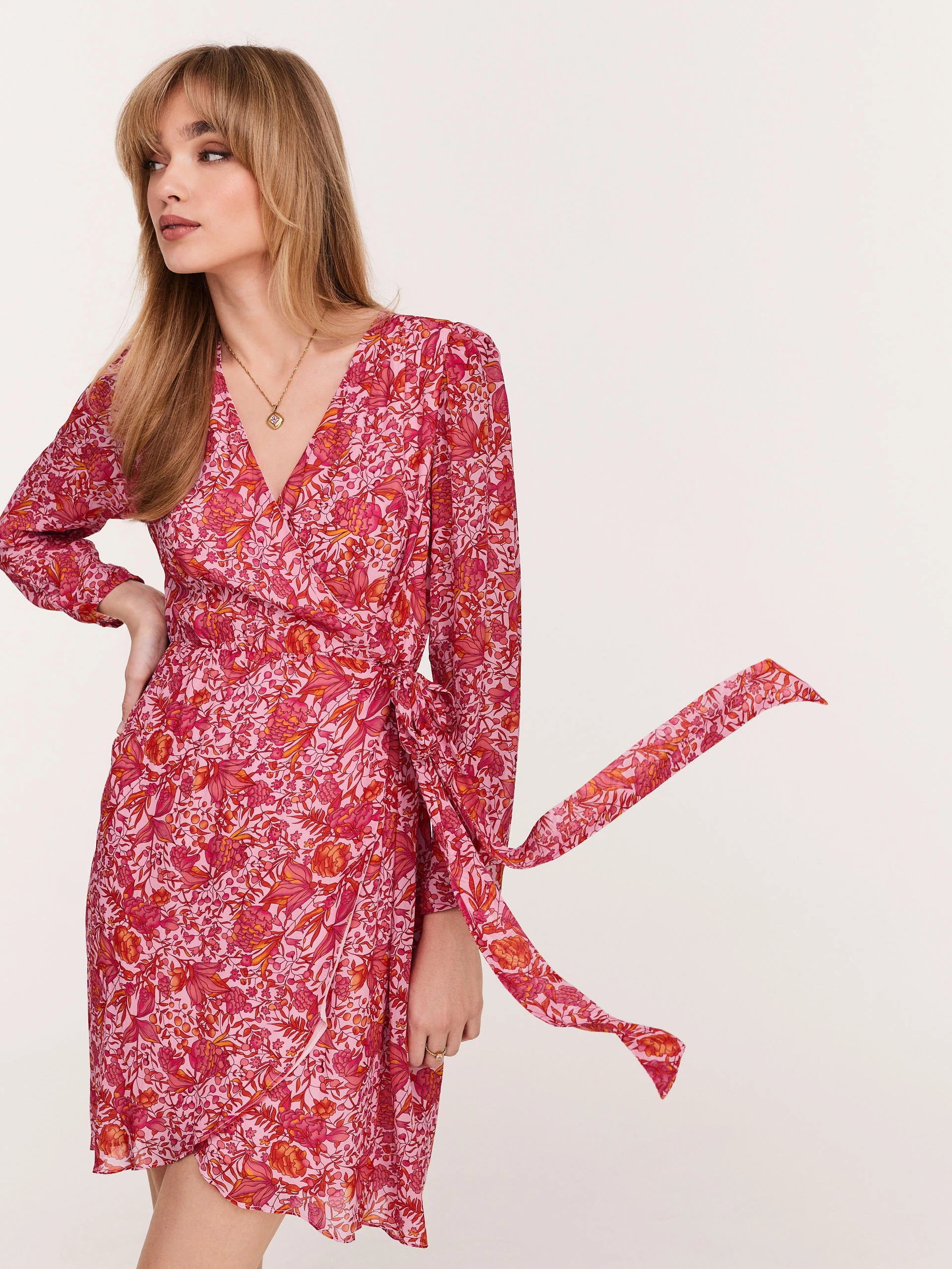 Pink viscose dress with envelope neckline