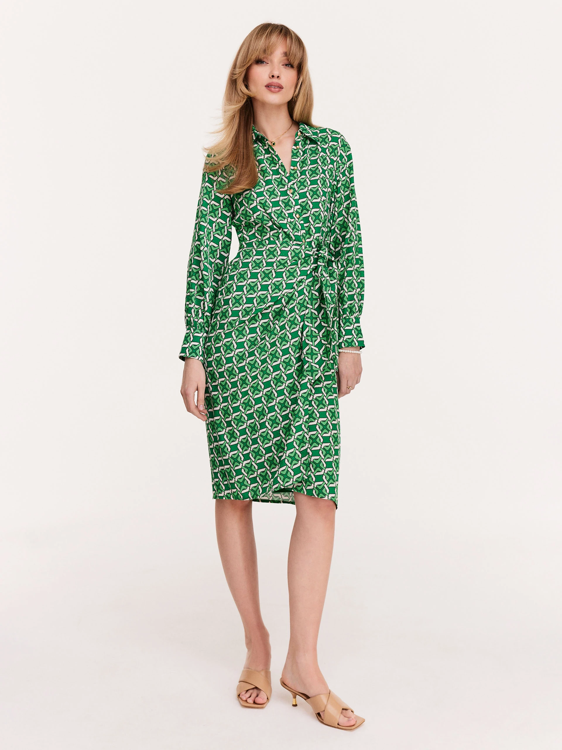 Green geometric-patterned emery dress