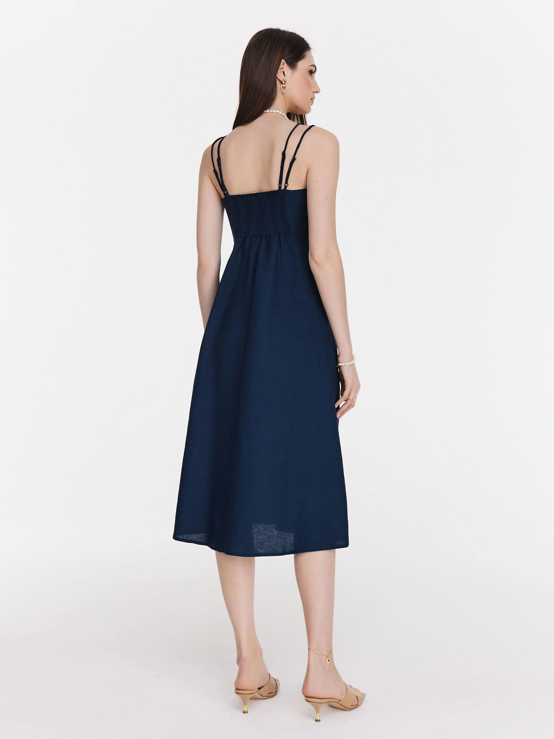 Elegant navy blue strapless midi dress