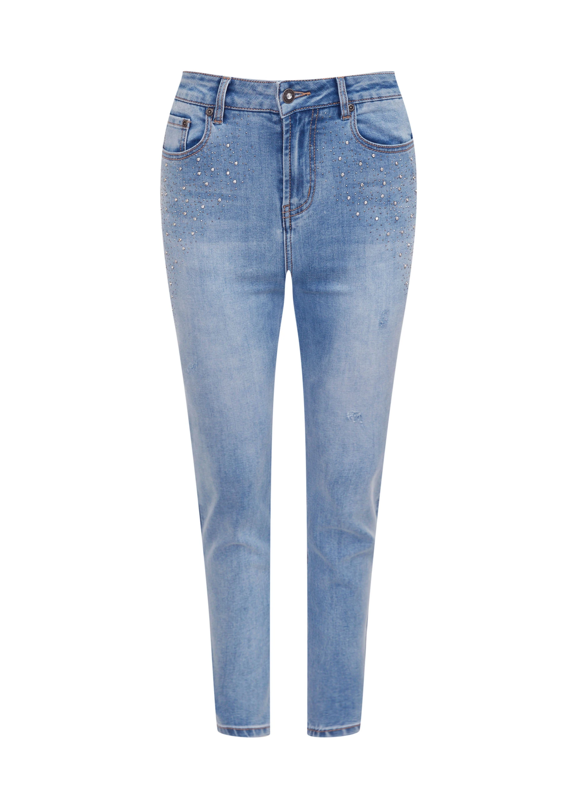 Thin bright denim pants decorated with rhinestones
