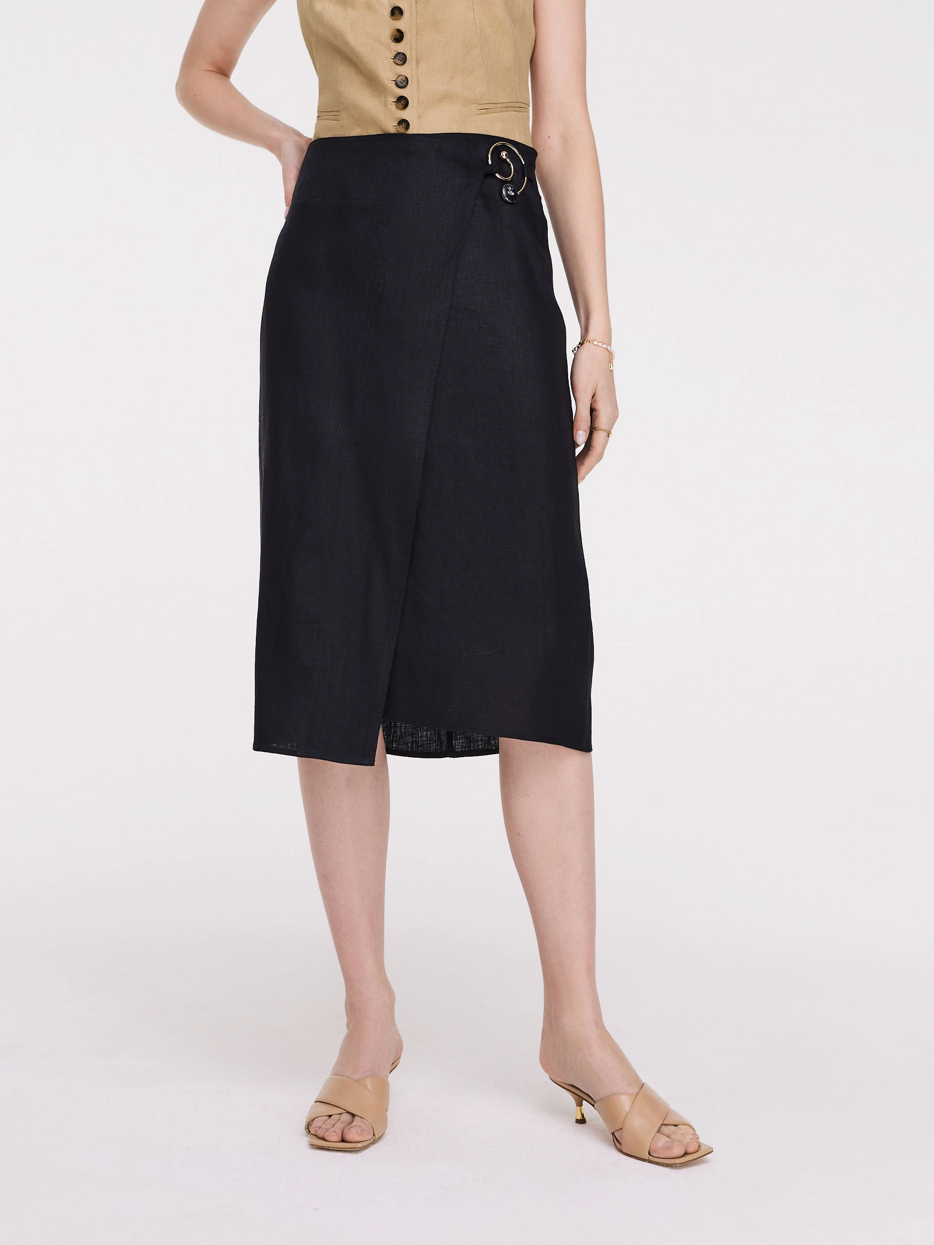 Black overlapping knee-length skirt
