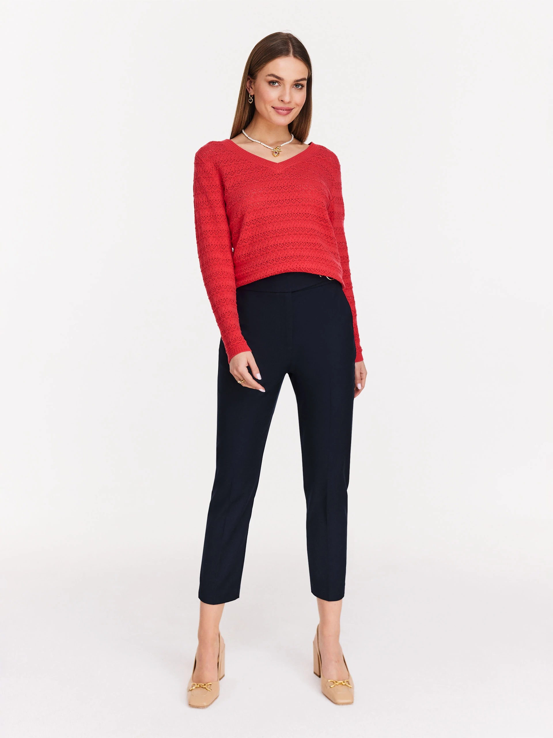 Red openwork sweater with V neckline