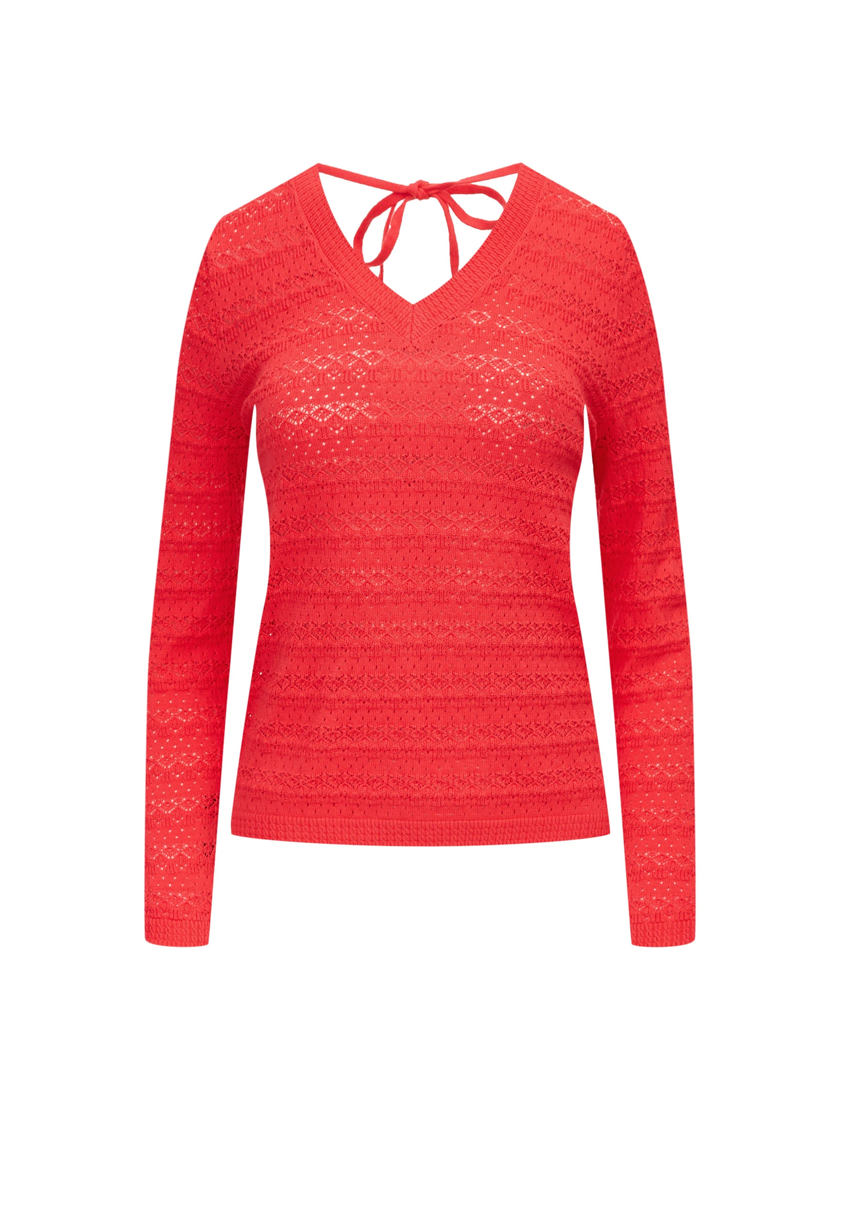 Red openwork sweater with V neckline