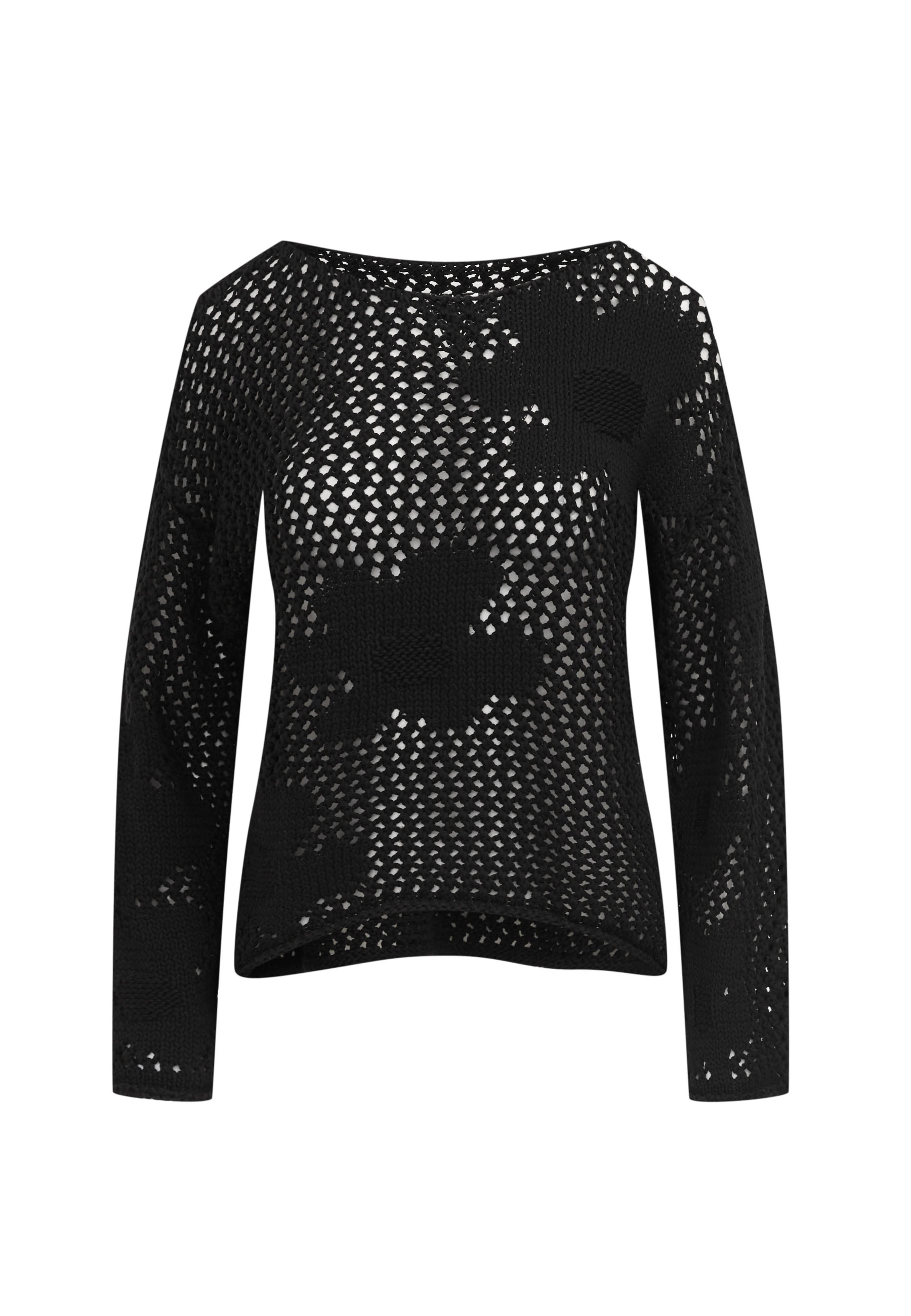 Openwork black sweater with floral elements