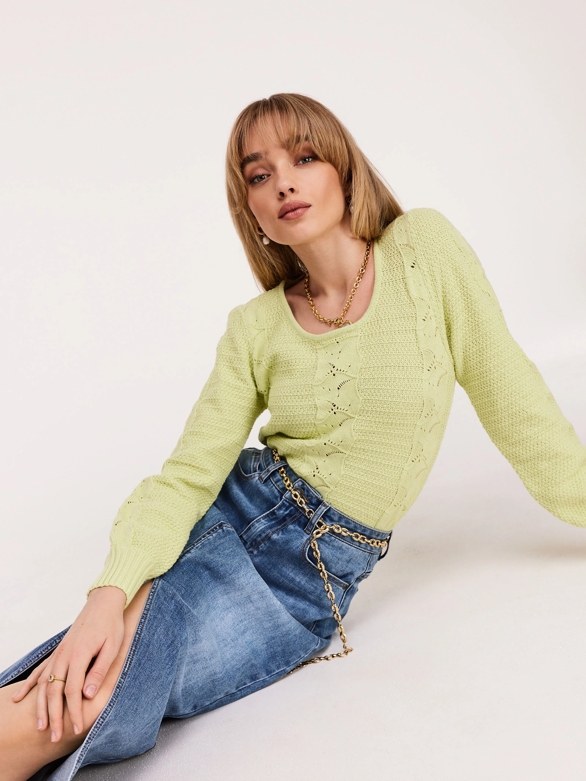 Openwork light green cotton sweater