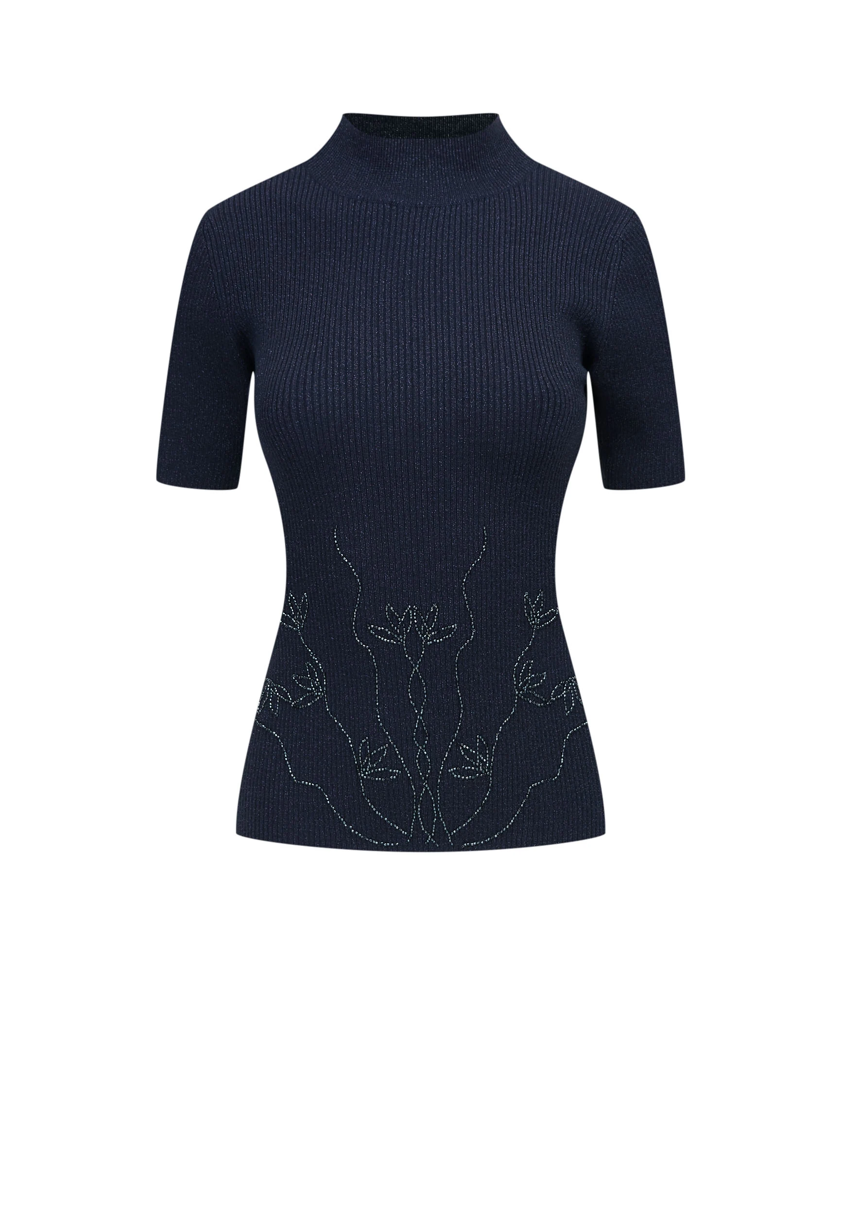 Navy blue sweater with floral appliqué