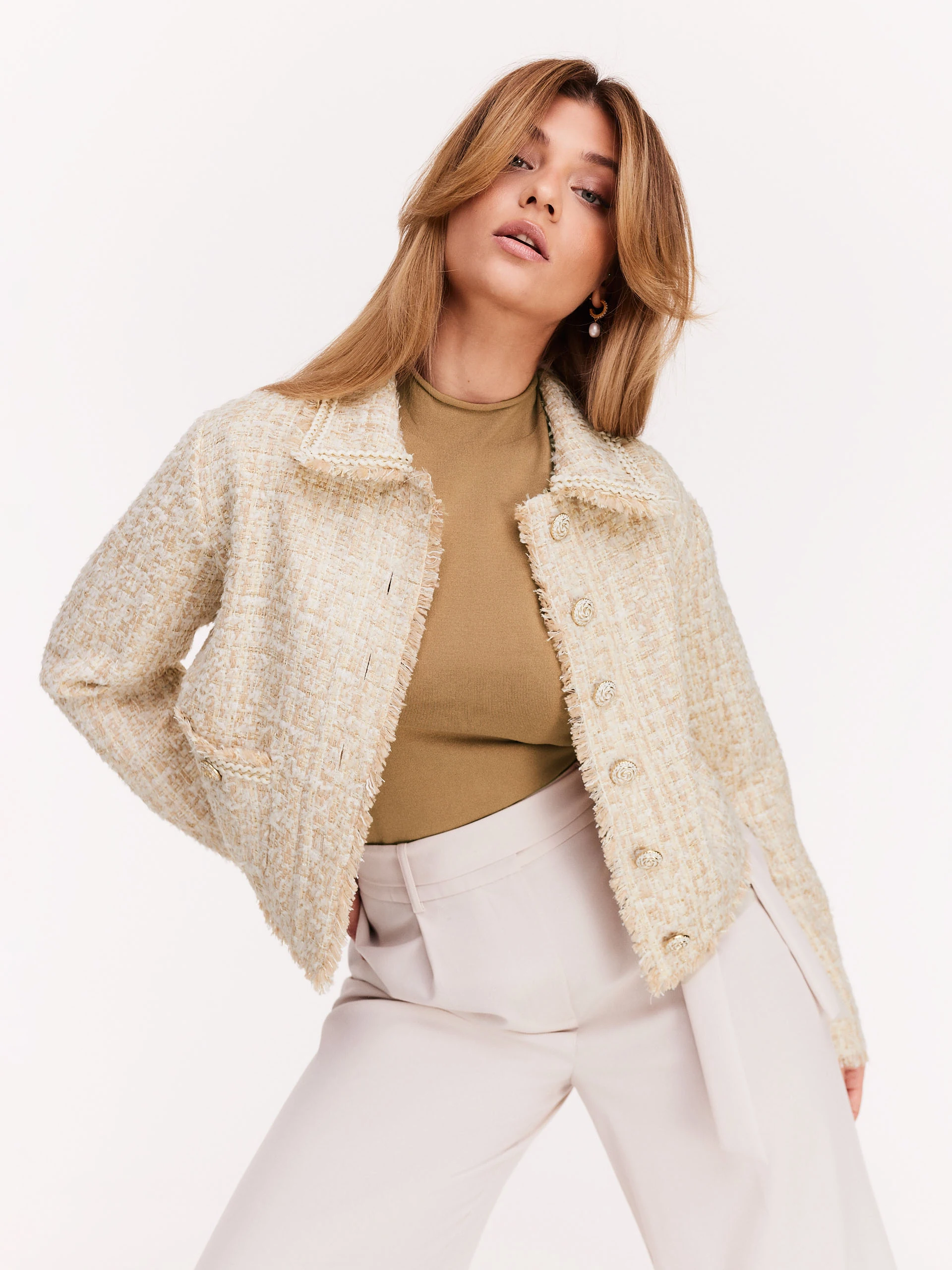 Boxy cream bouclé fabric jacket