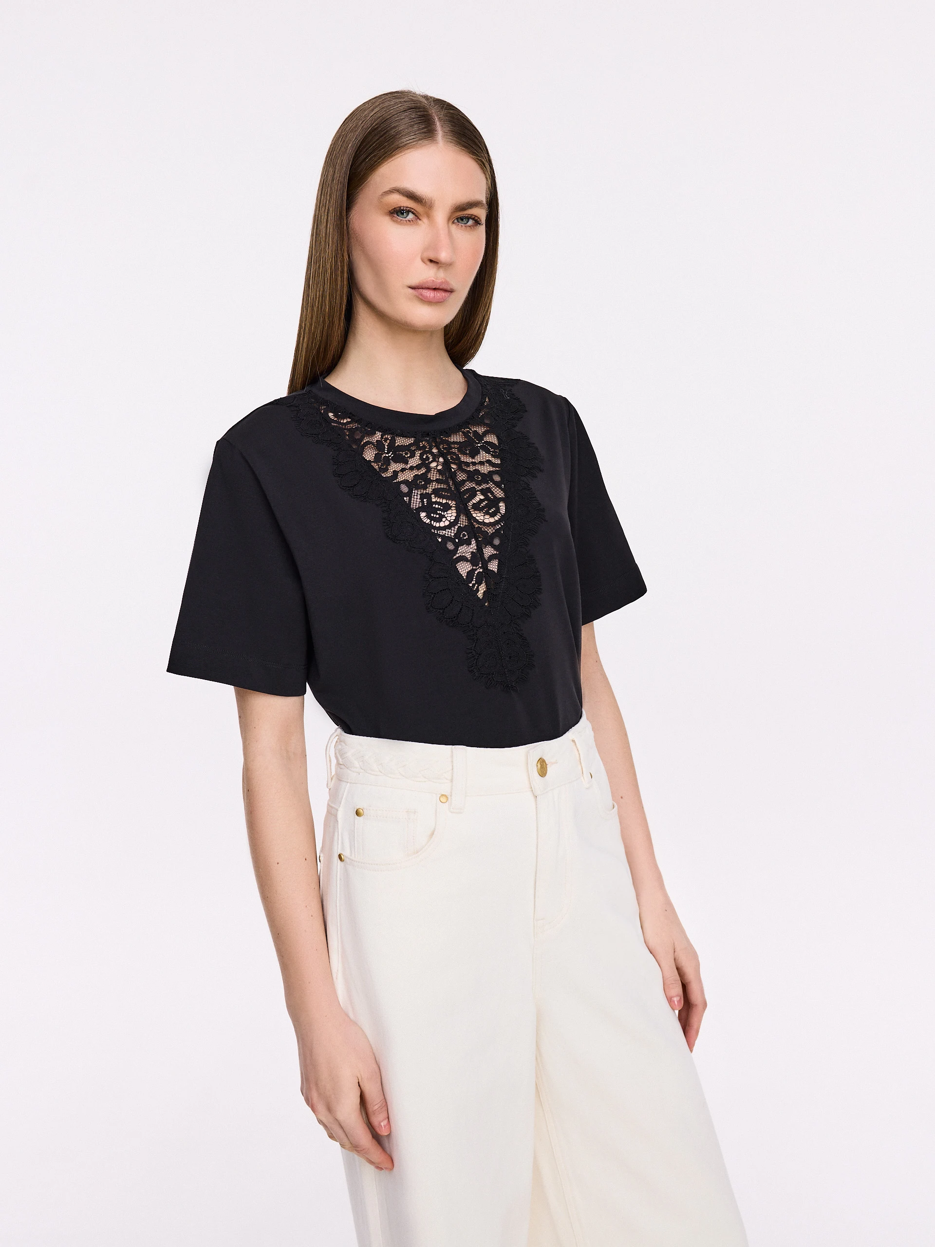 Black cotton blouse with lace insert