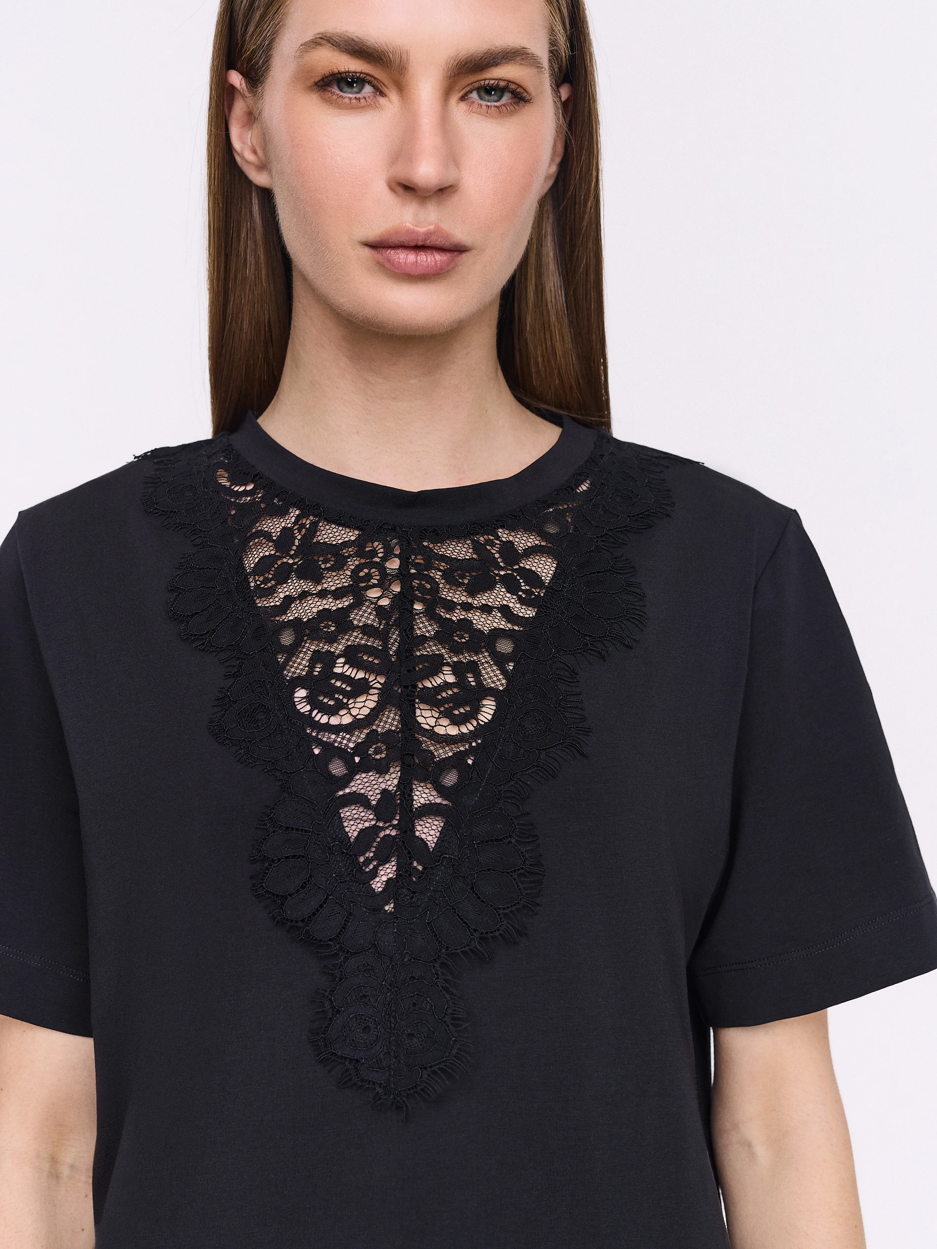 Black cotton blouse with lace insert