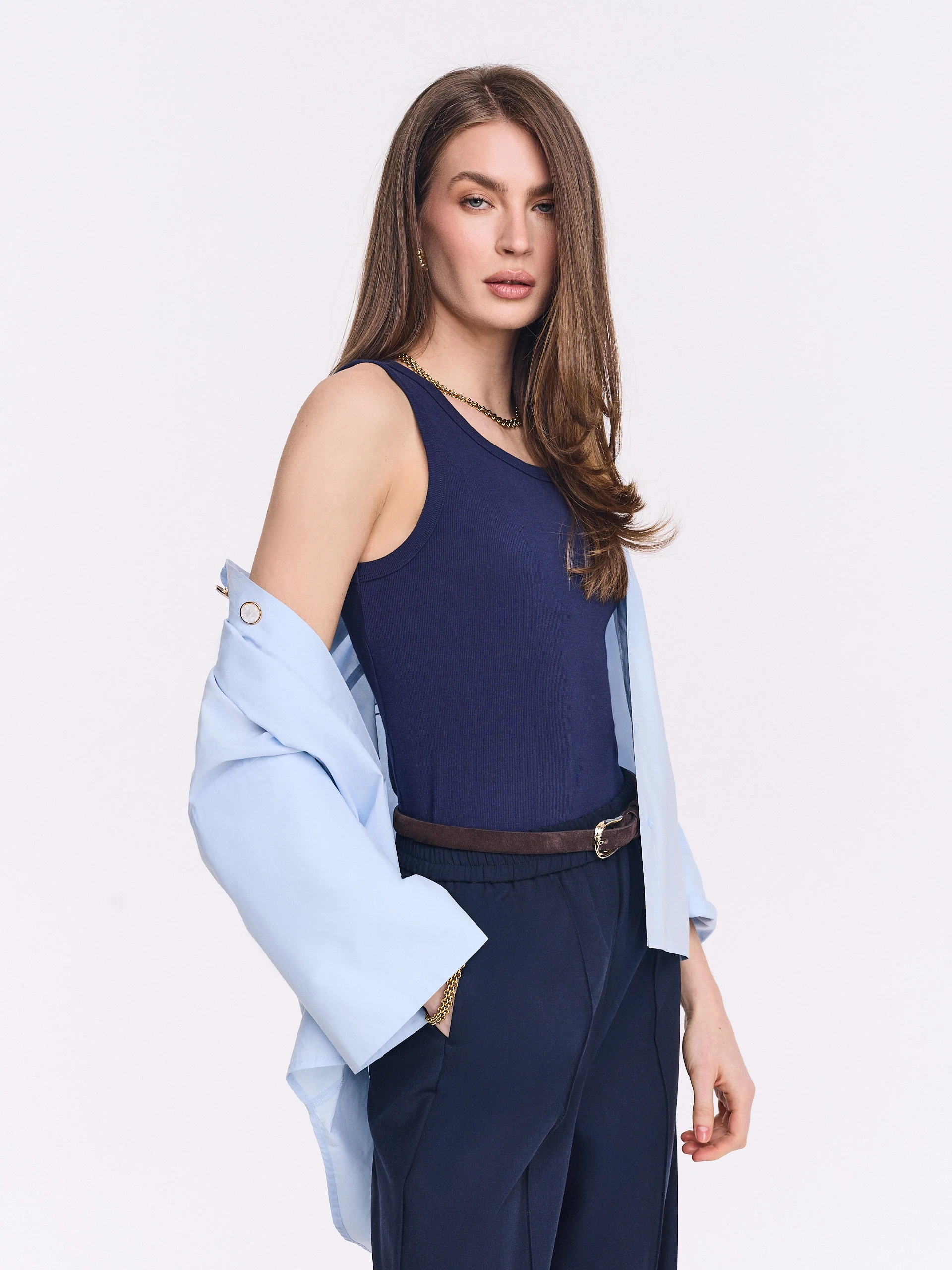 Navy blue cotton top with a round neckline