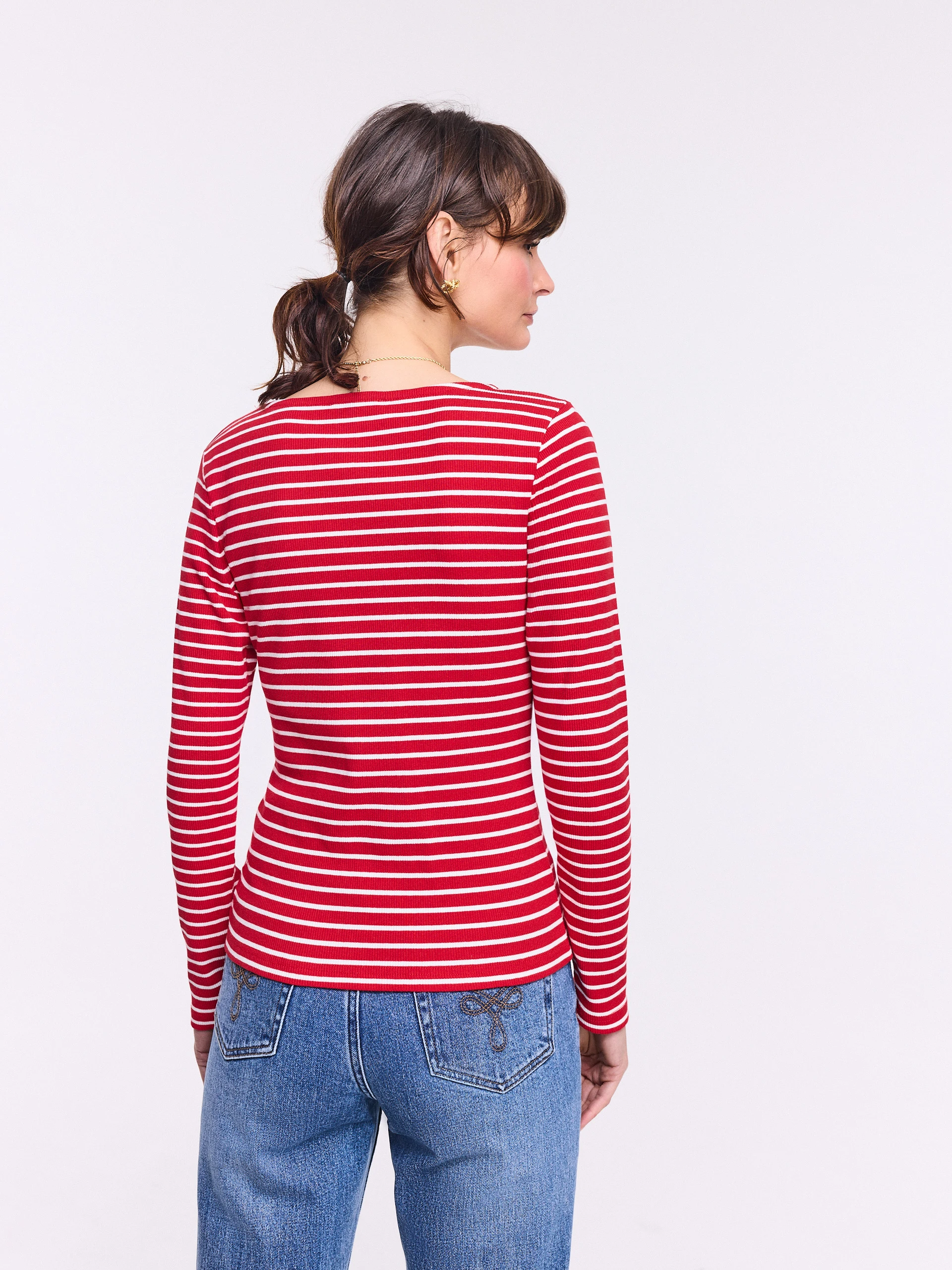 Red striped long-sleeved blouse