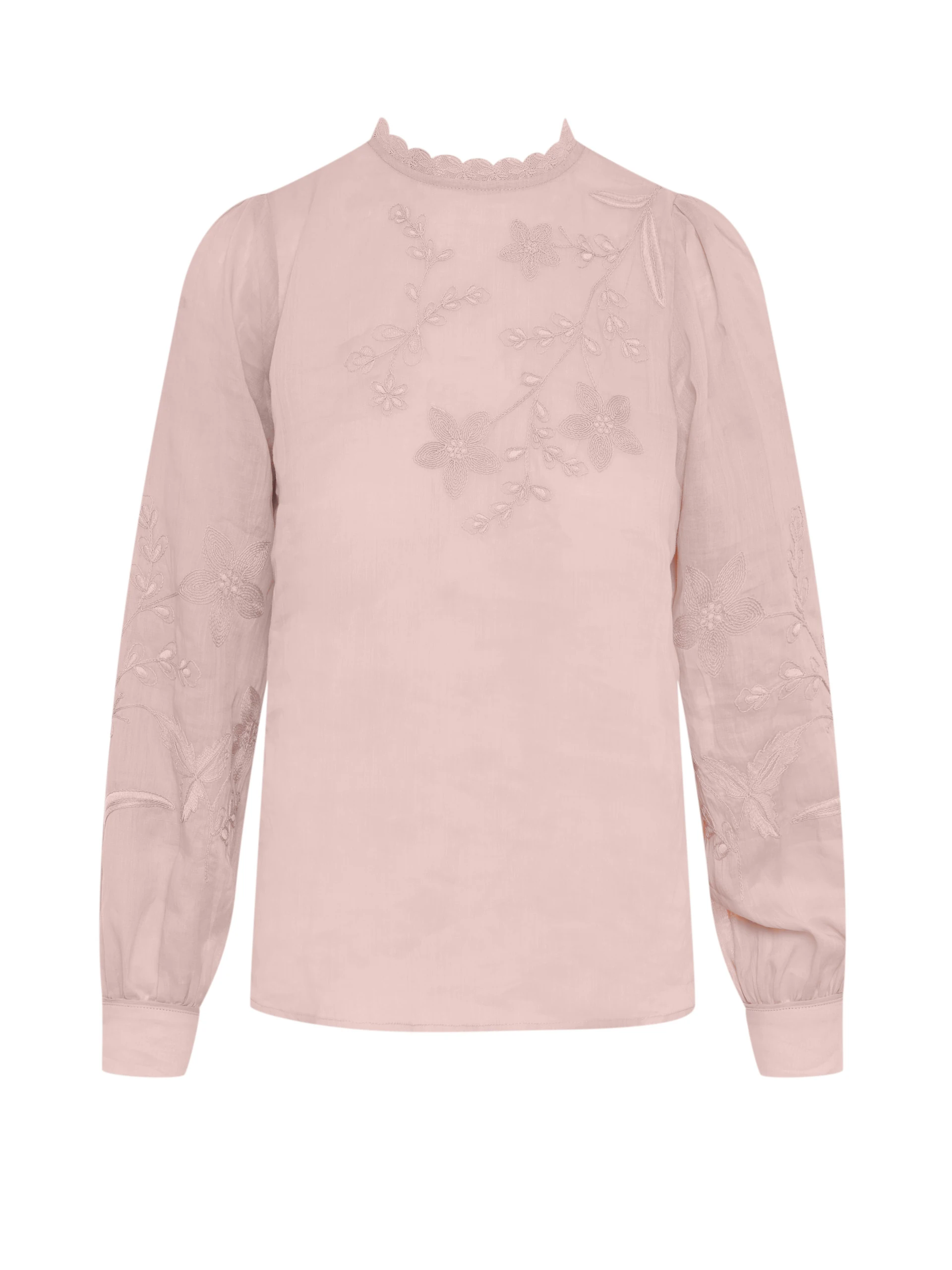 Light pink ramie blouse with embroidered decorations