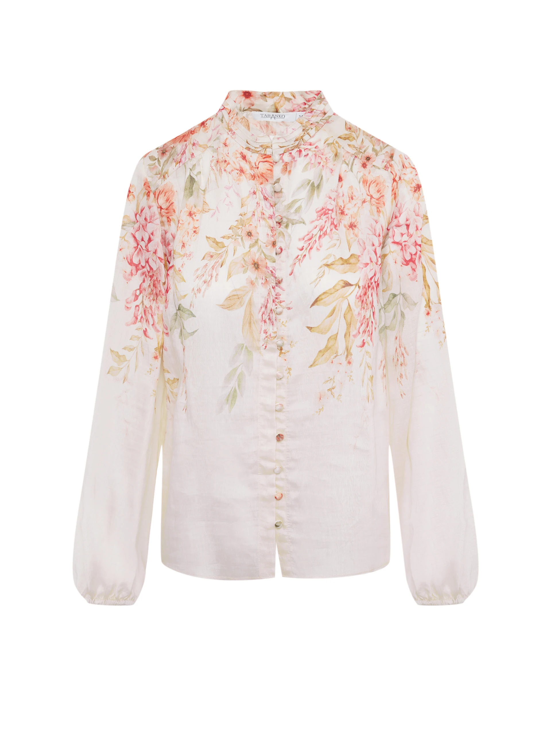 Creamy shirt with a stand-up collar and floral patterns