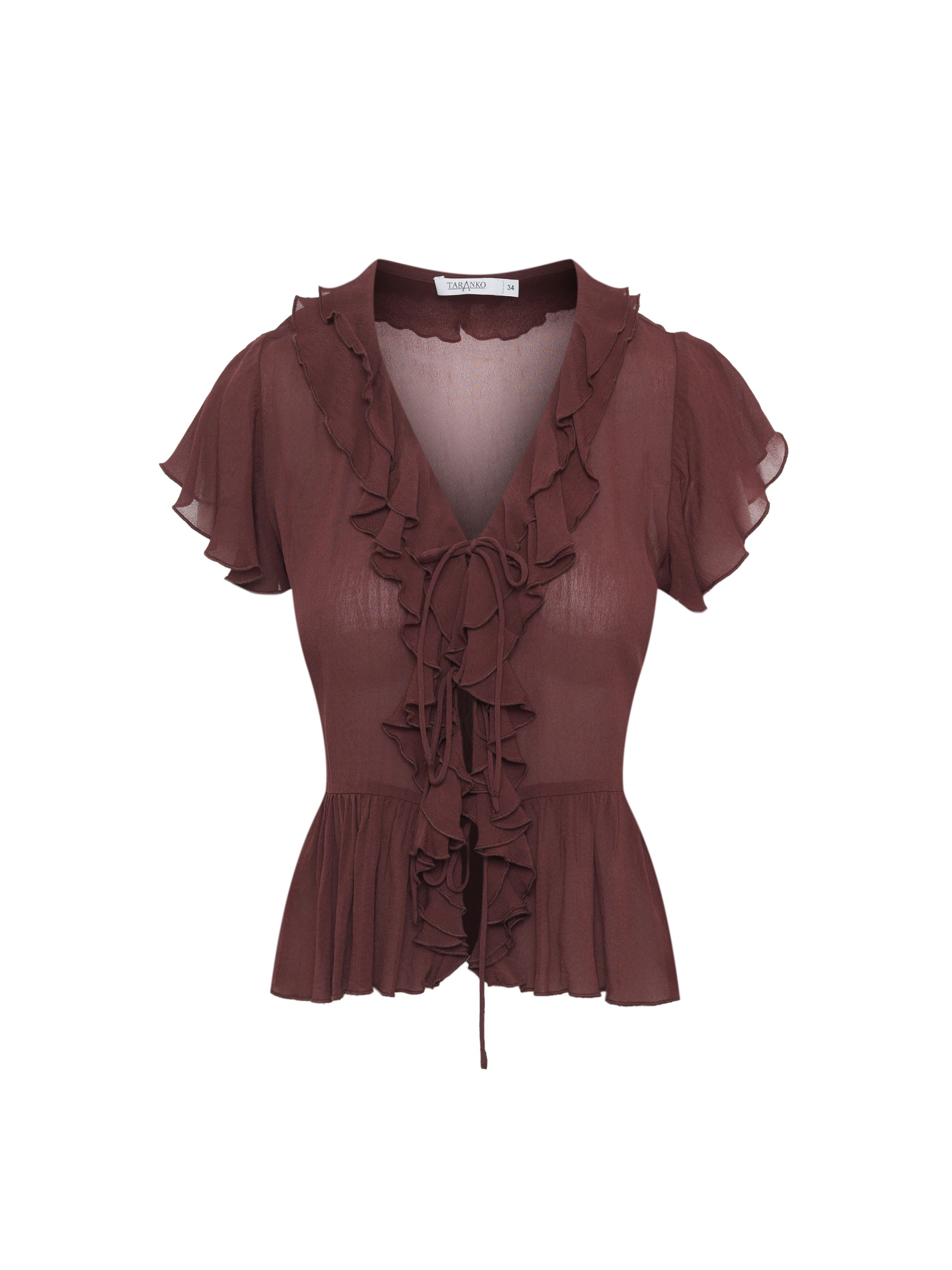 Chocolate-colored short-sleeved blouse with frills