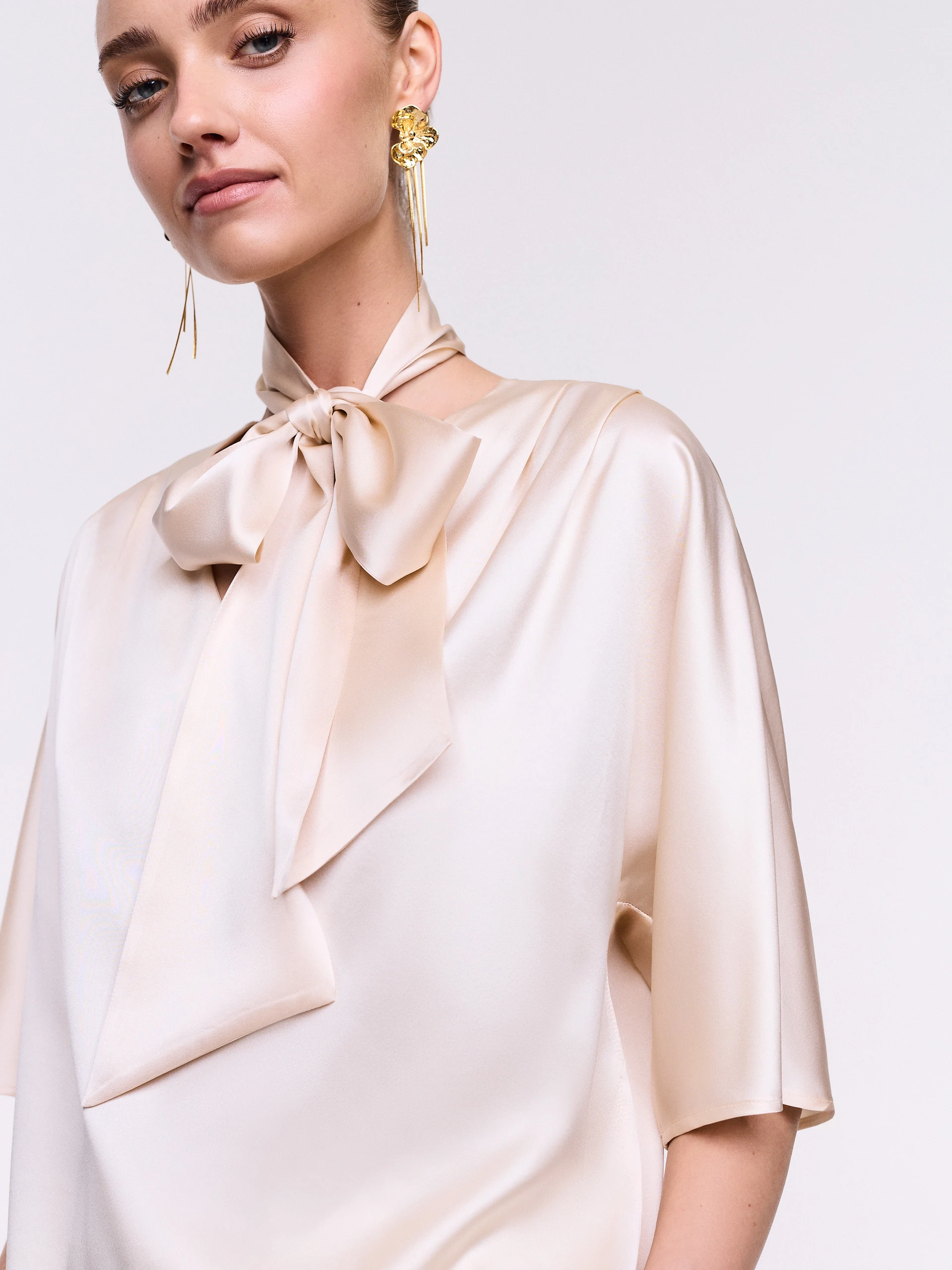 Cream Silk Blouse with Scarf Detail