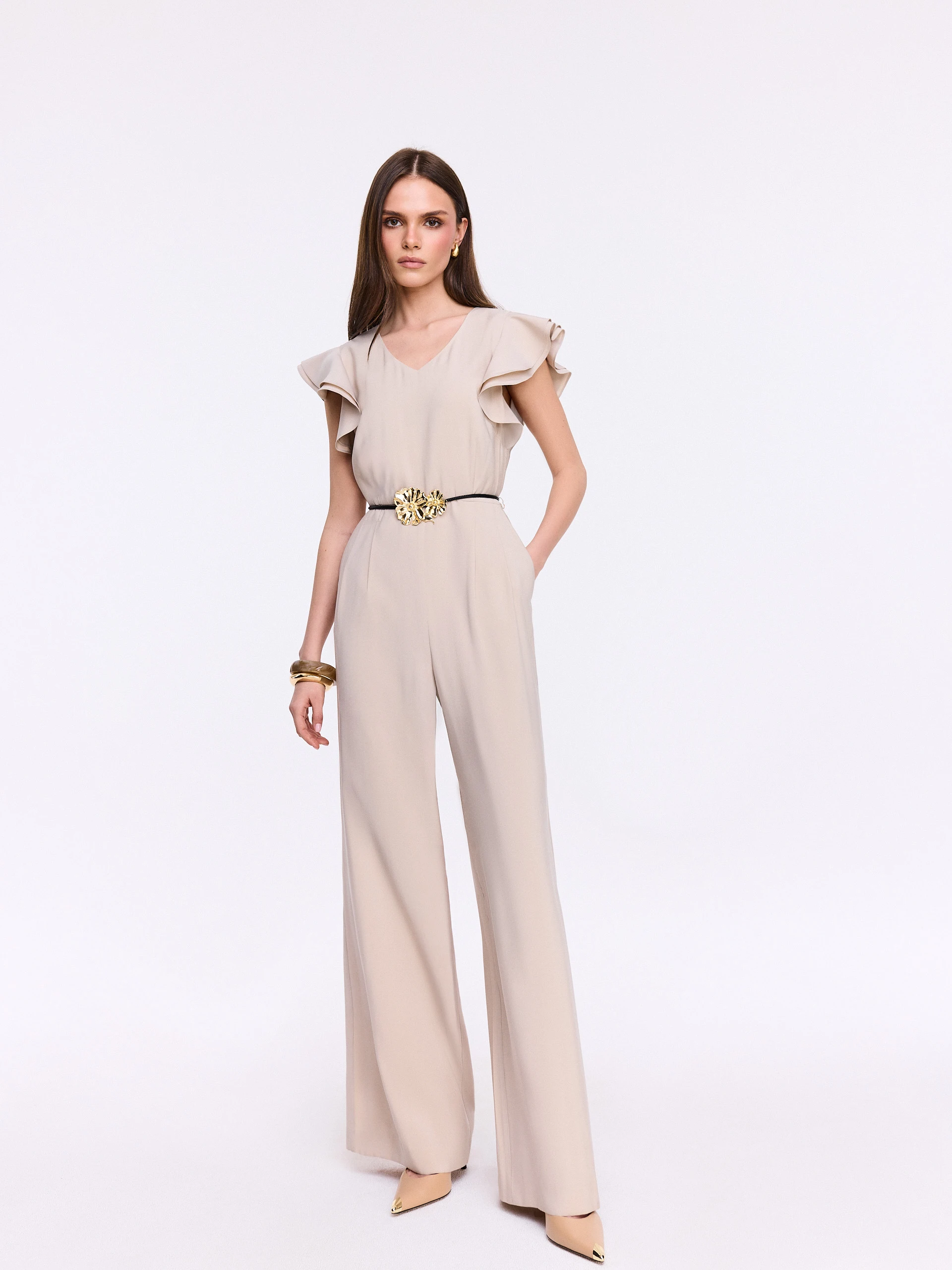 Beige elegant jumpsuit with straight legs
