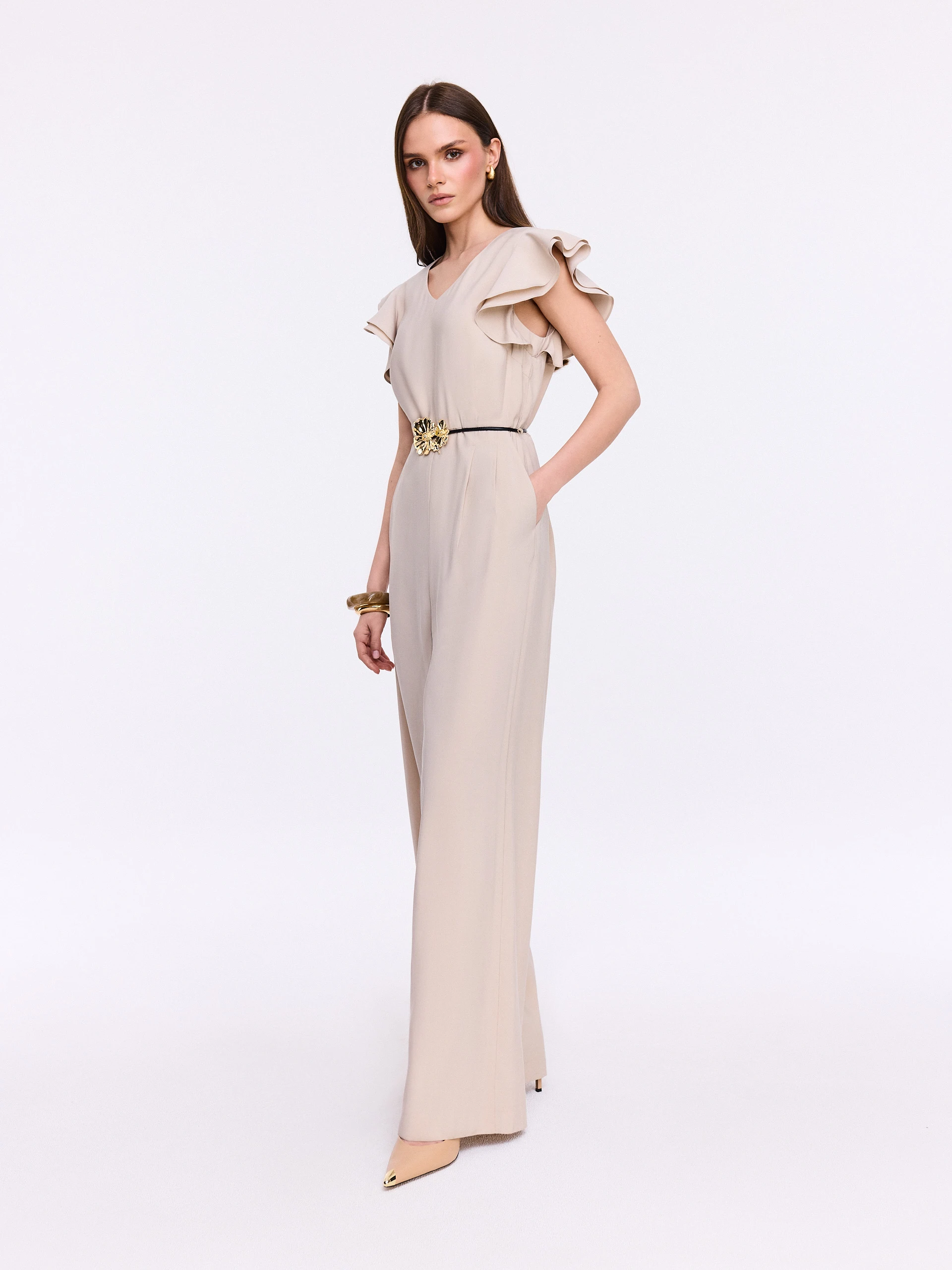 Beige elegant jumpsuit with straight legs