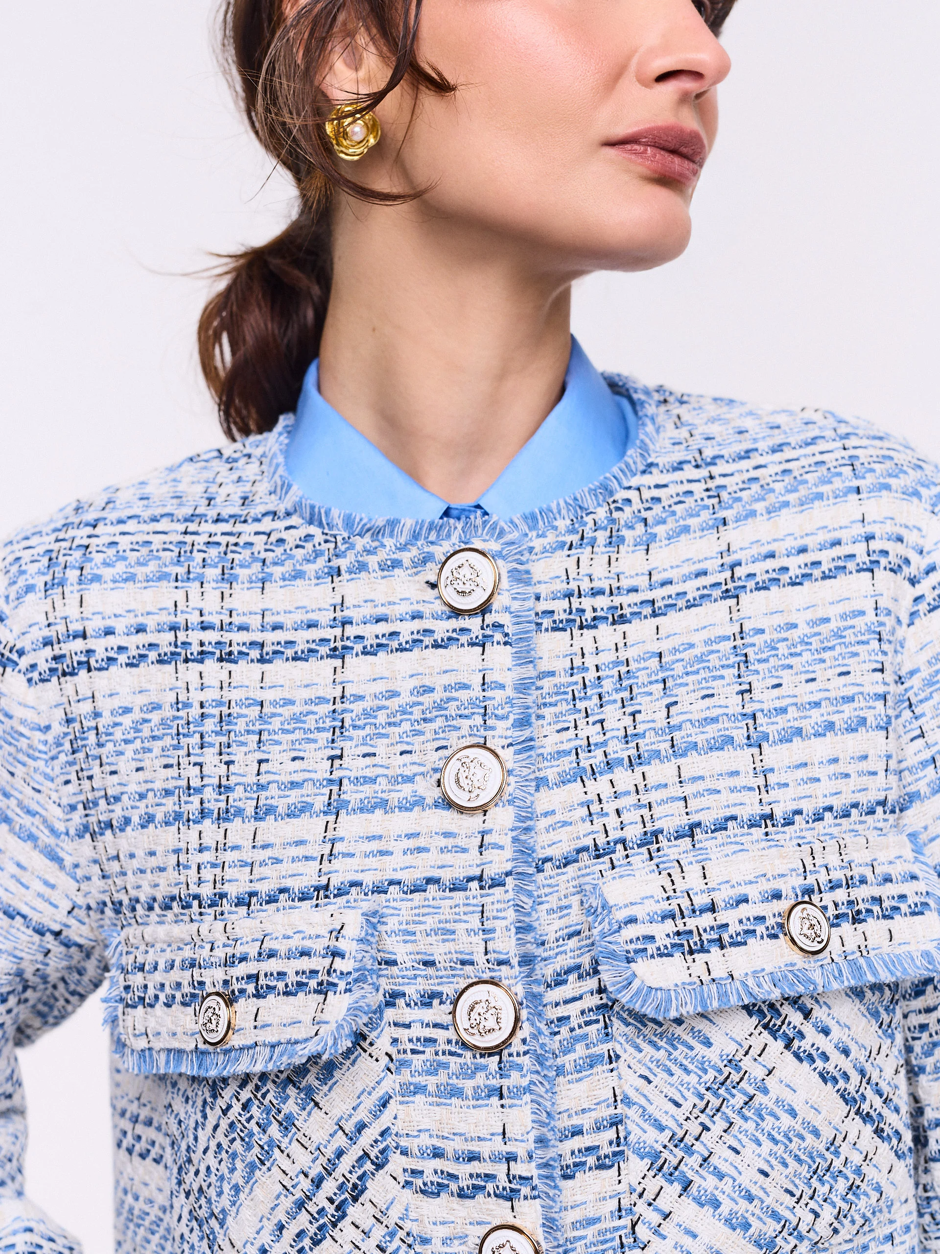 Short tweed jacket in shades of blue