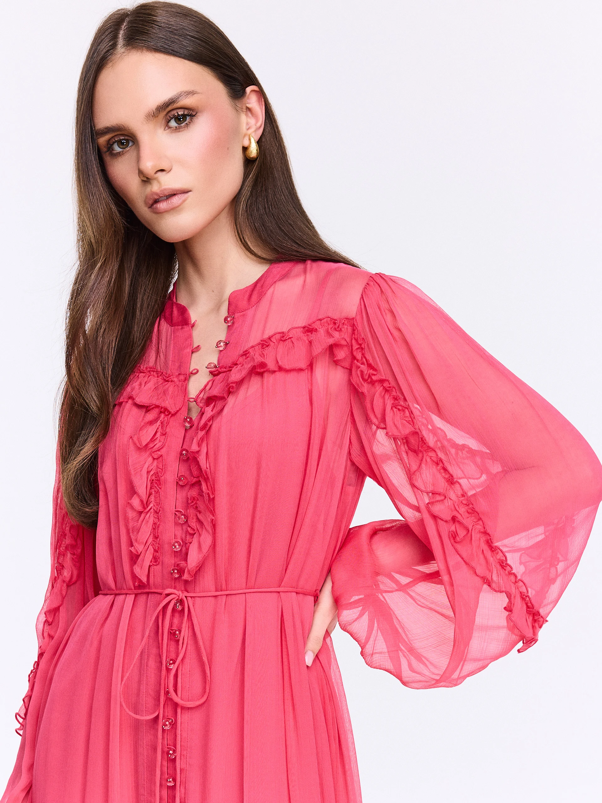 Long coral dress with ruffles