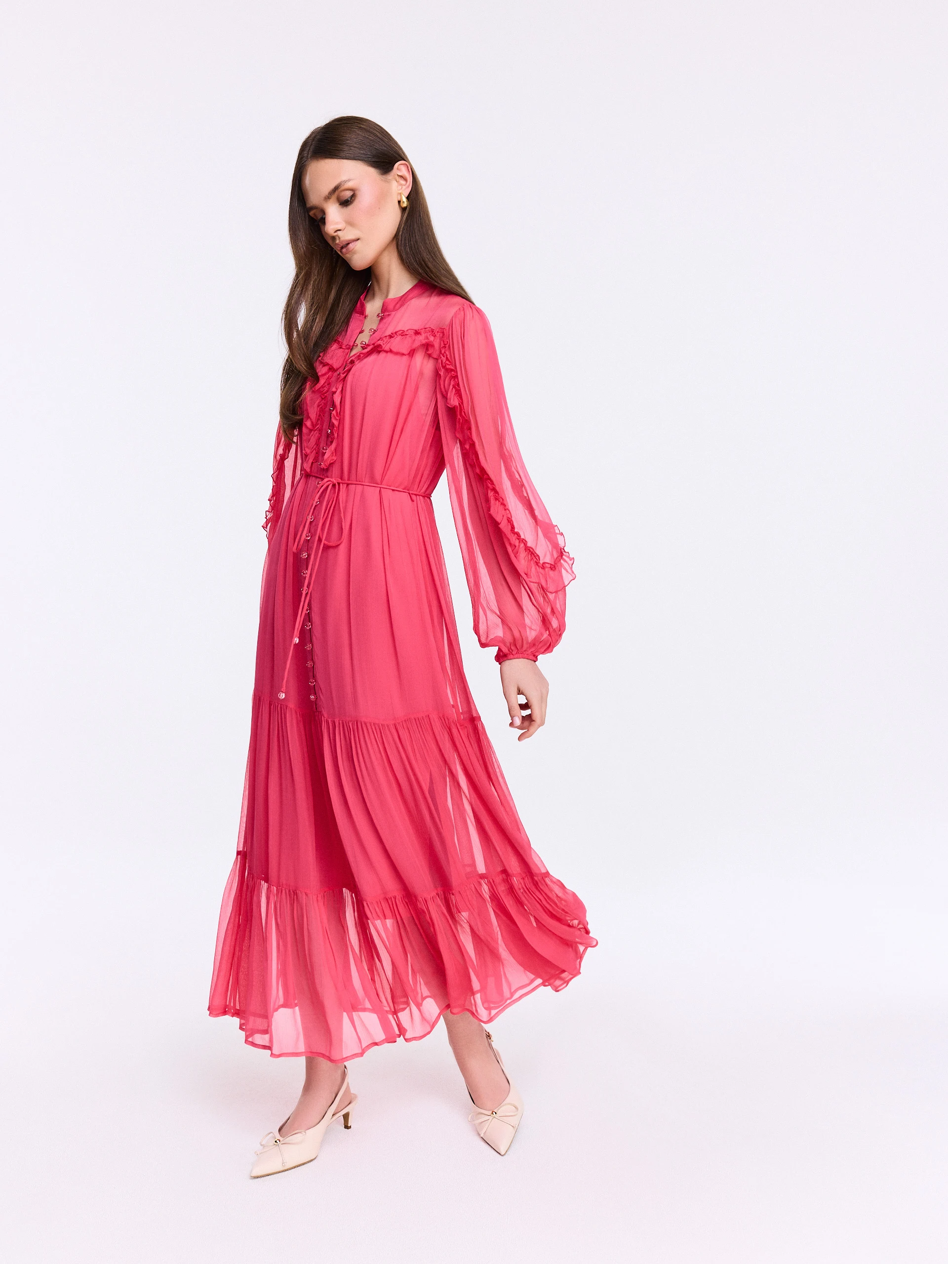 Long coral dress with ruffles