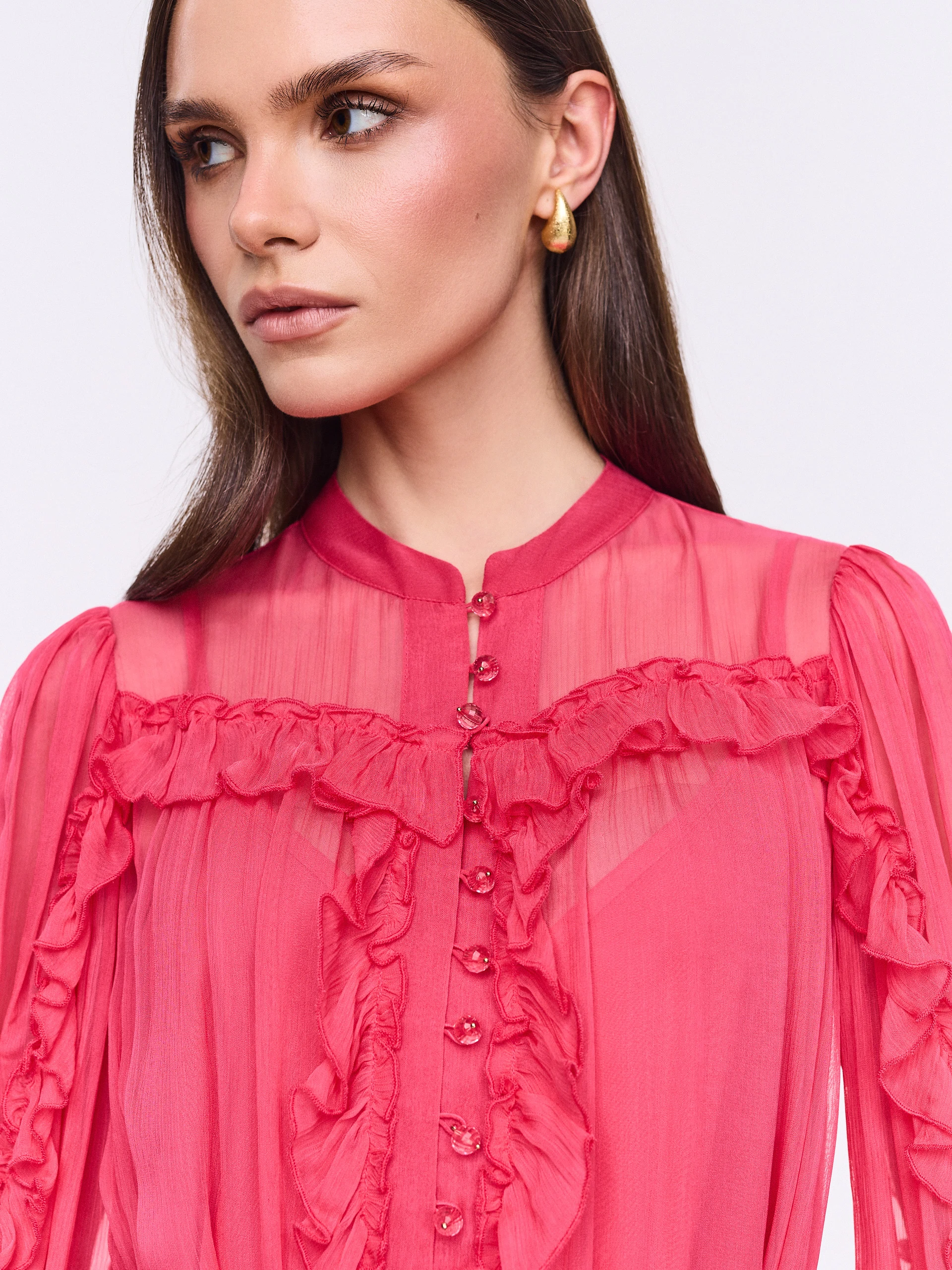 Long coral dress with ruffles