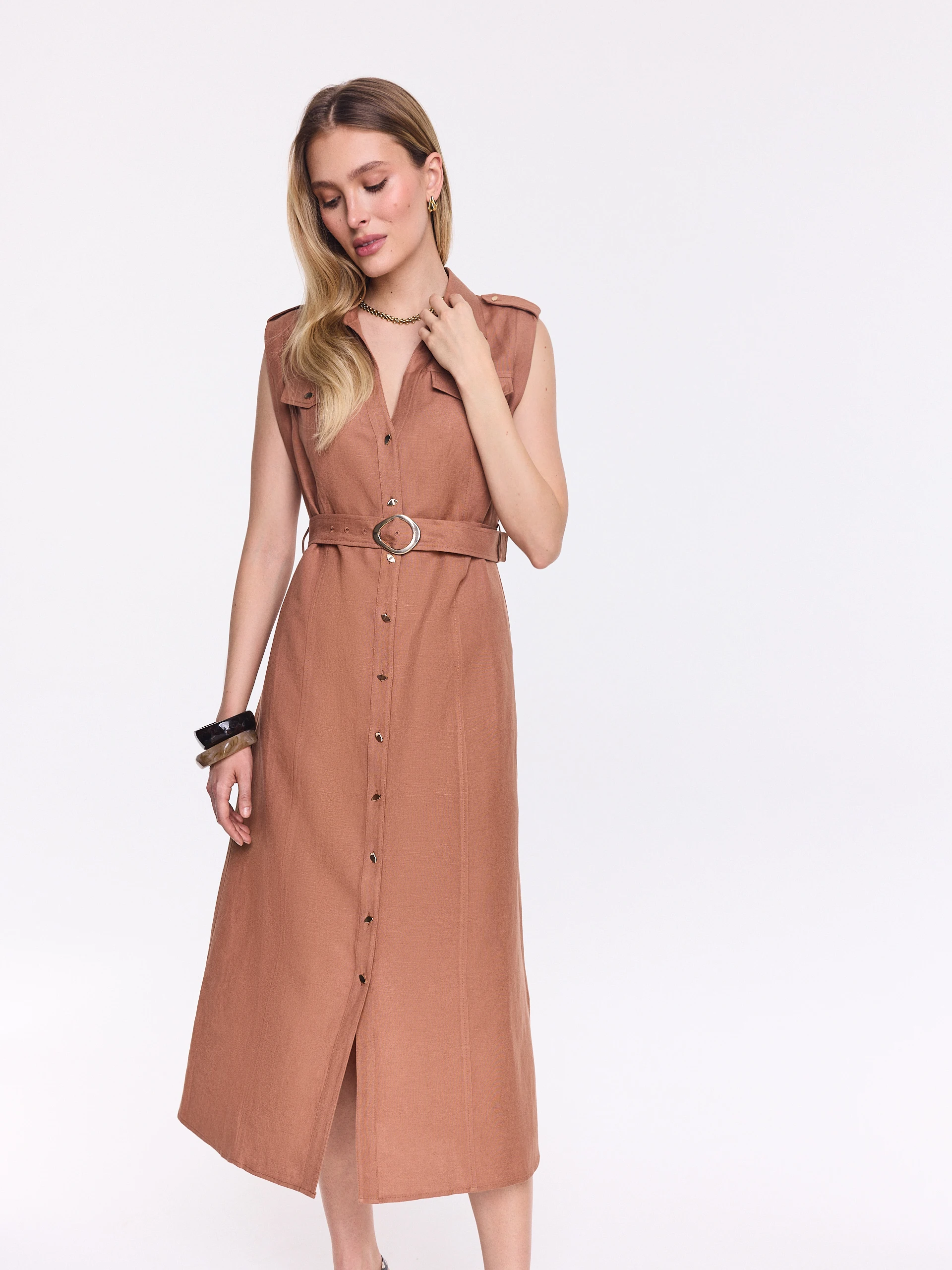 Caramel-colored midi shirt dress