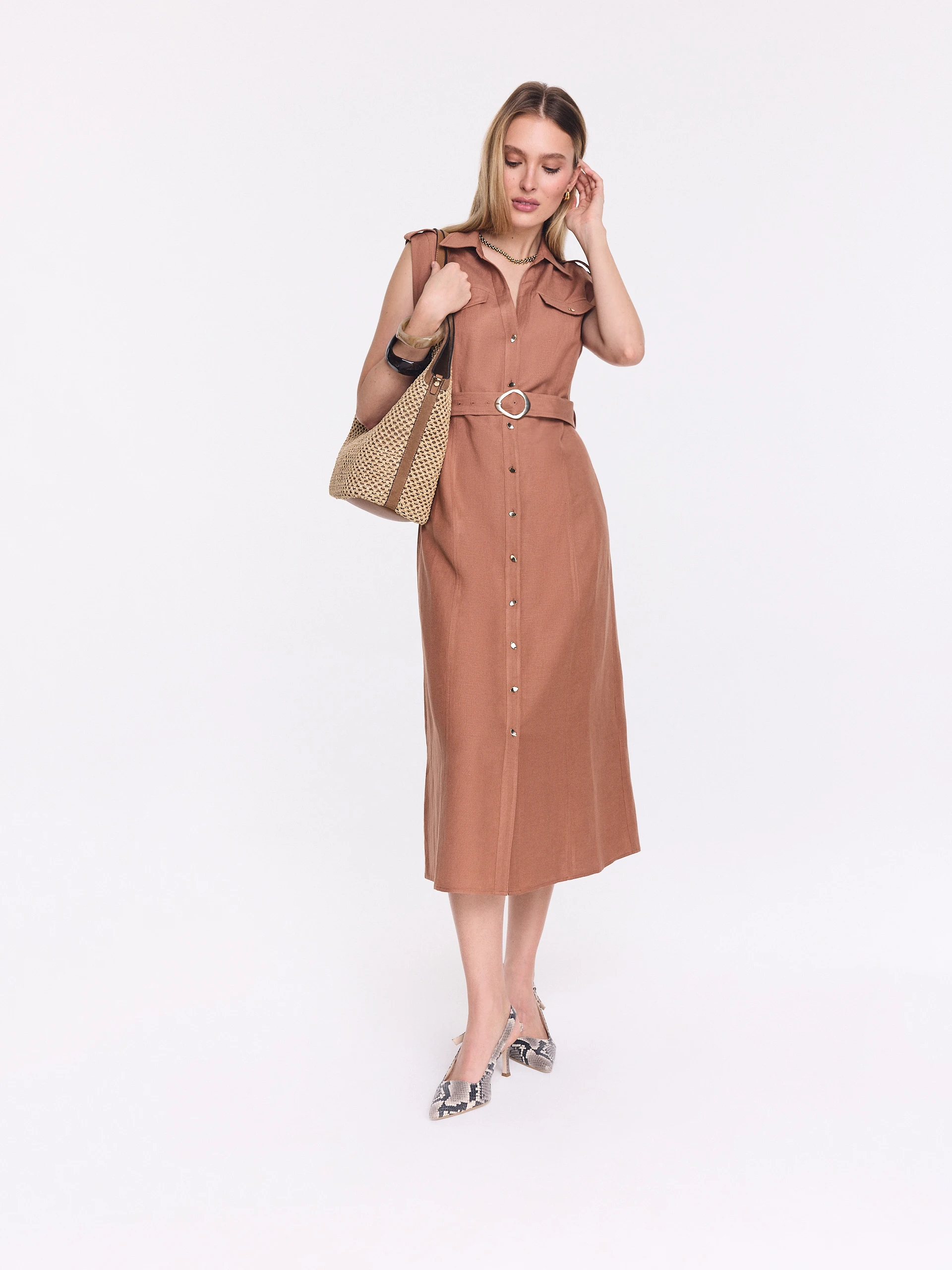 Caramel-colored midi shirt dress