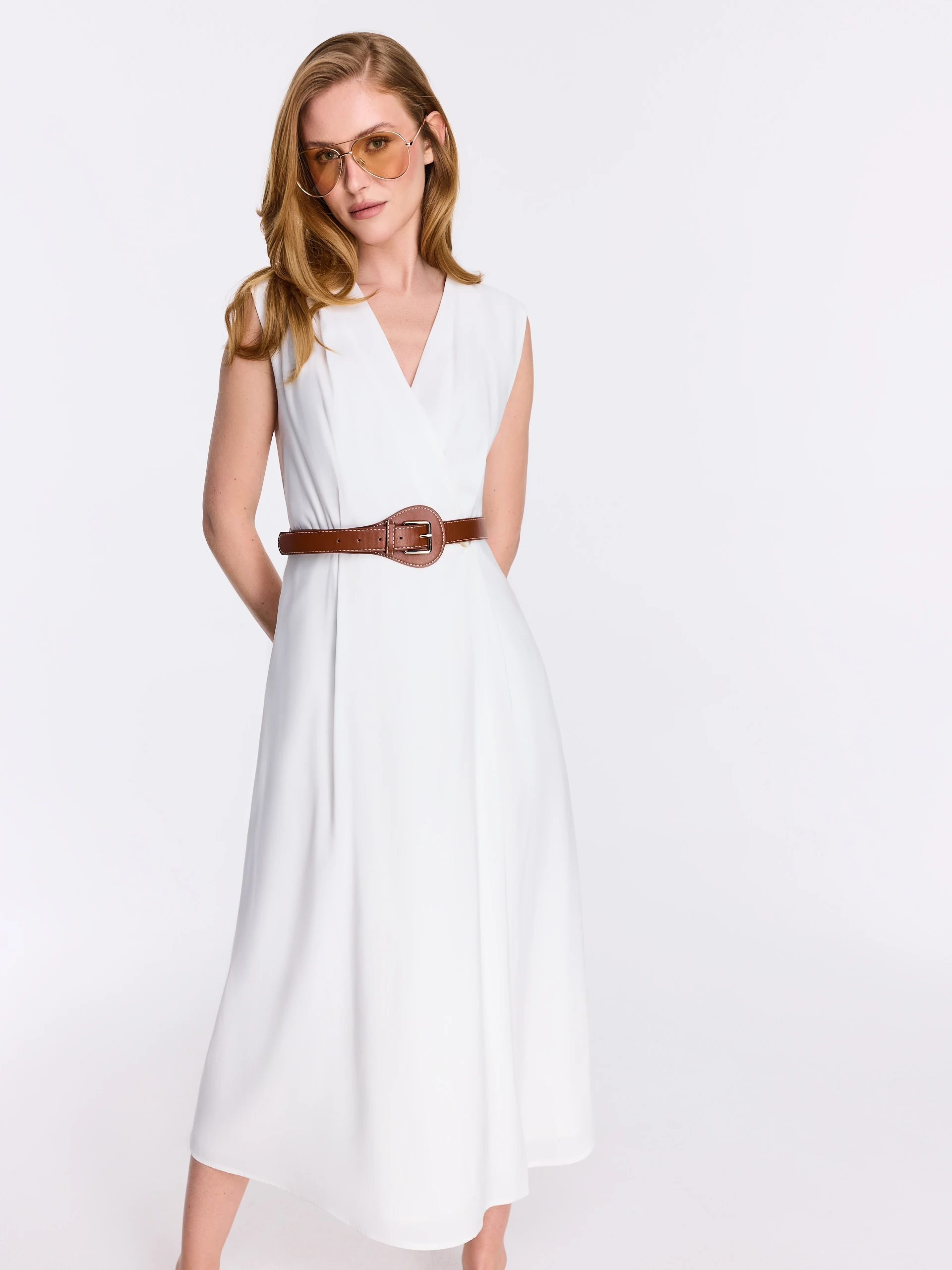 White midi dress with a wrap neckline