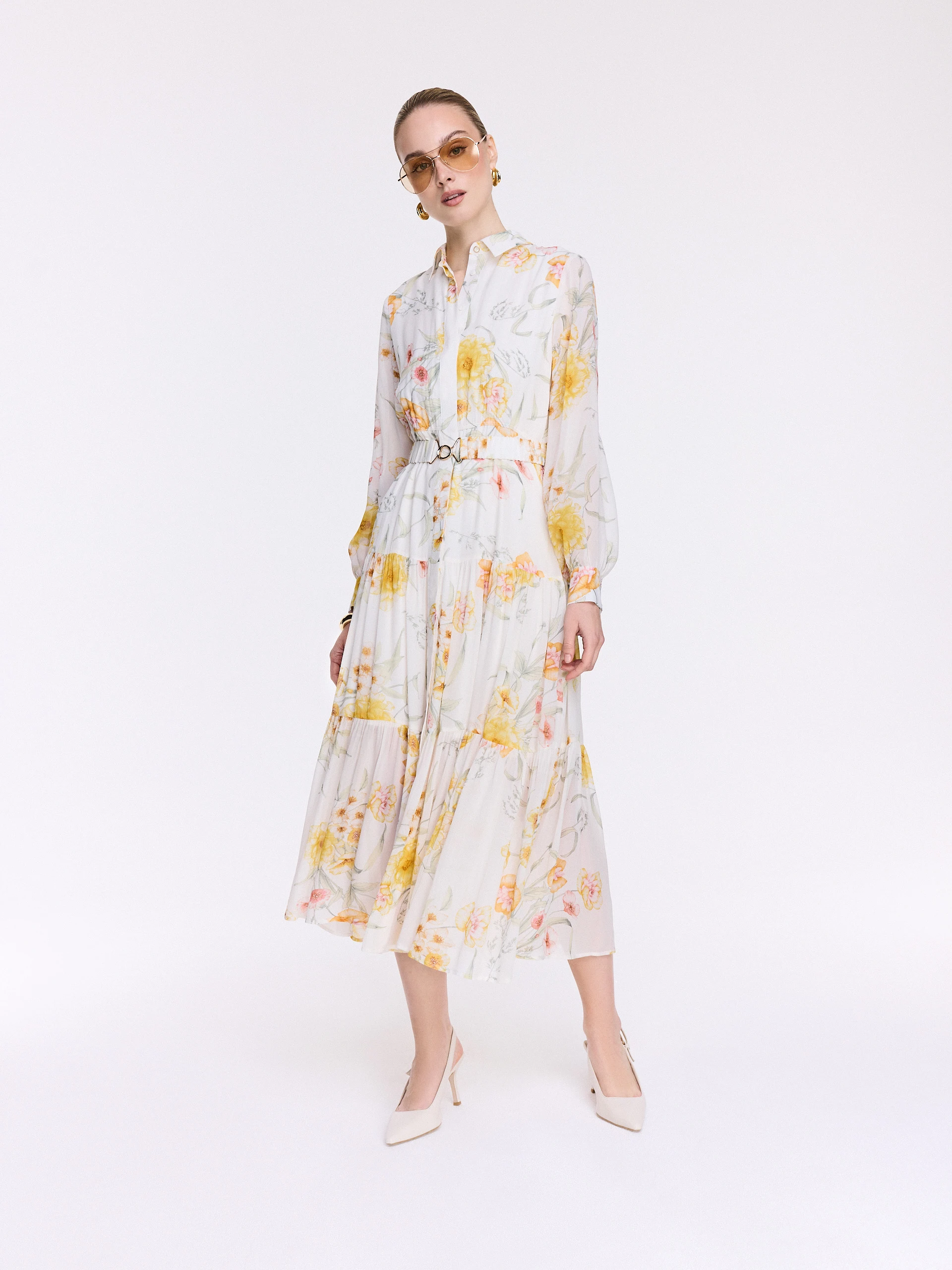 A shirt dress with yellow flowers