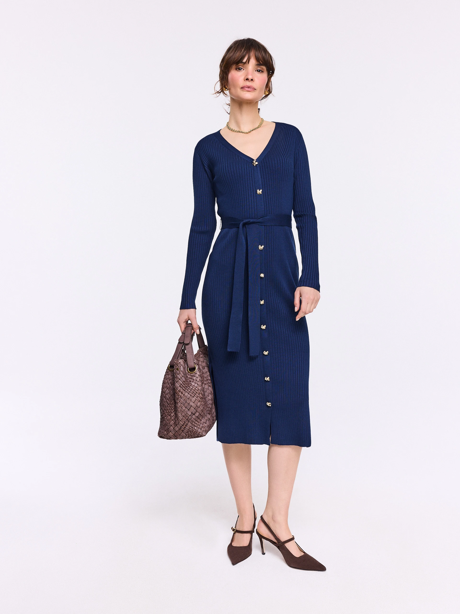 Navy blue fitted midi dress