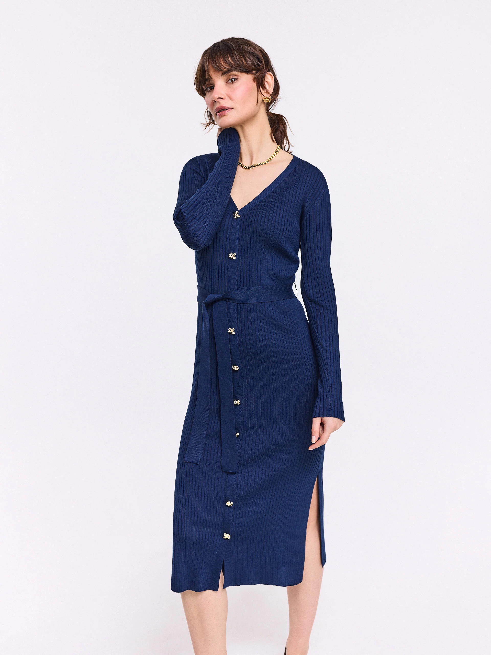 Navy blue fitted midi dress