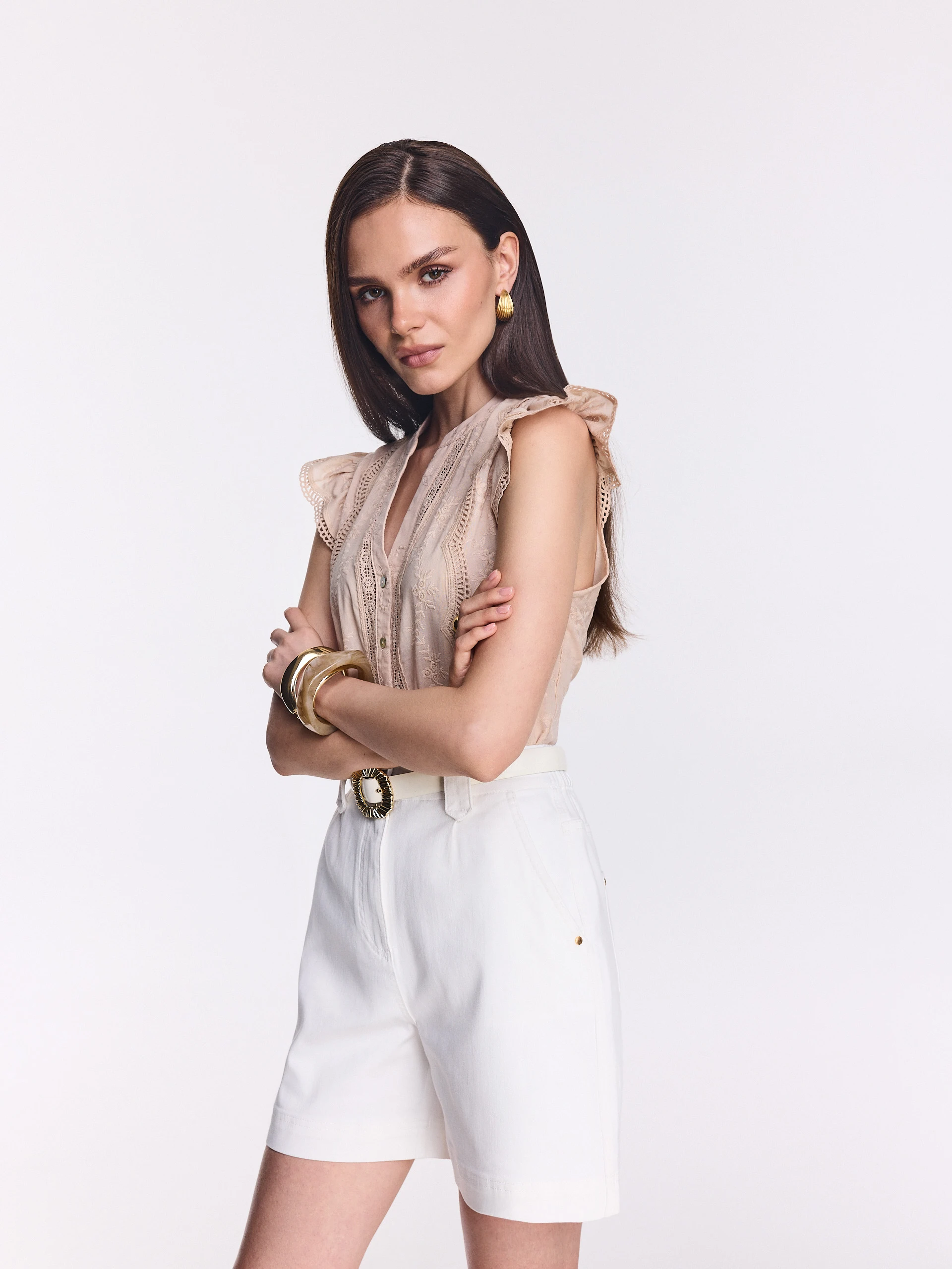 High-waisted white shorts