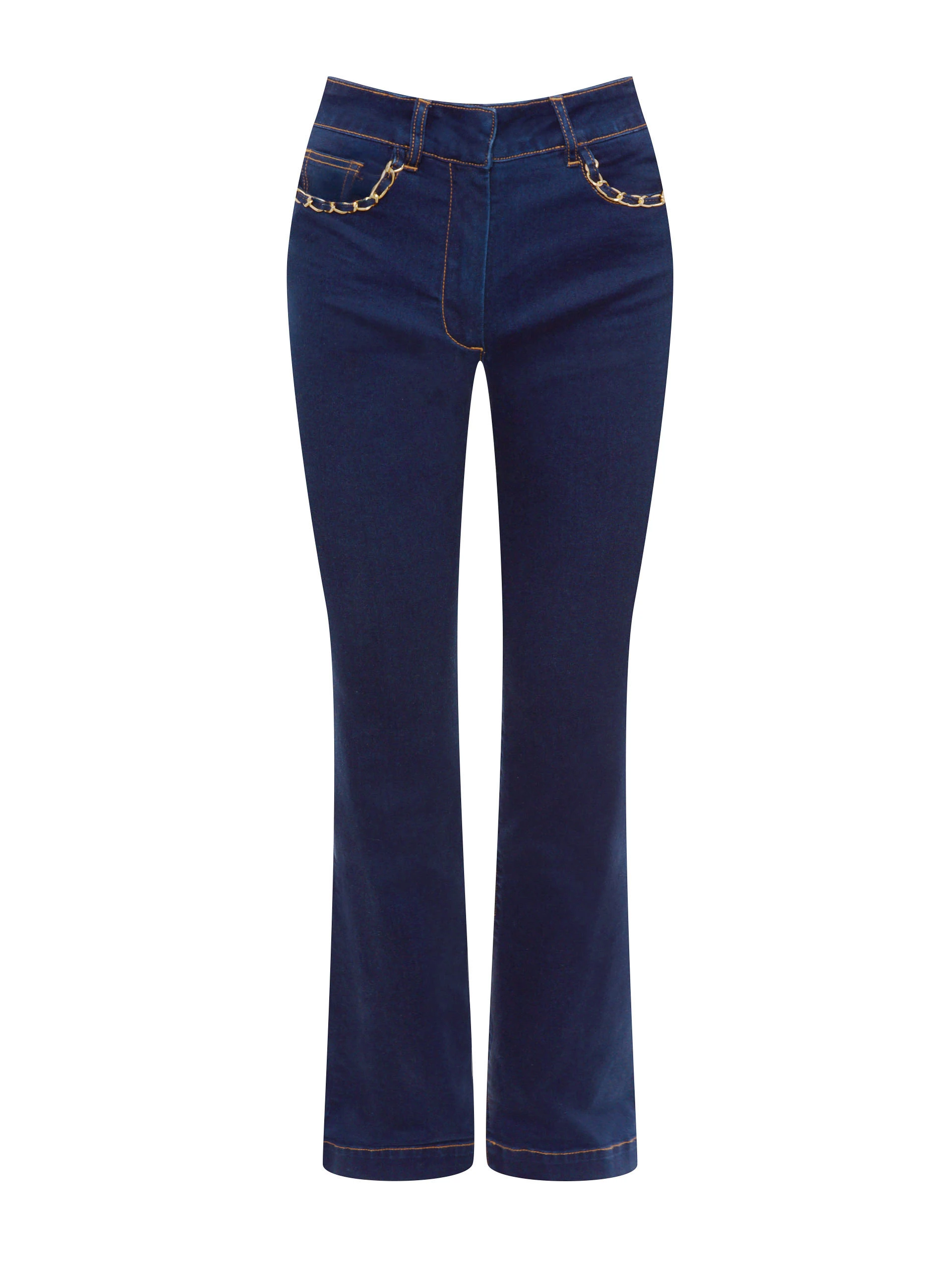 Navy blue straight jeans with decorative pockets