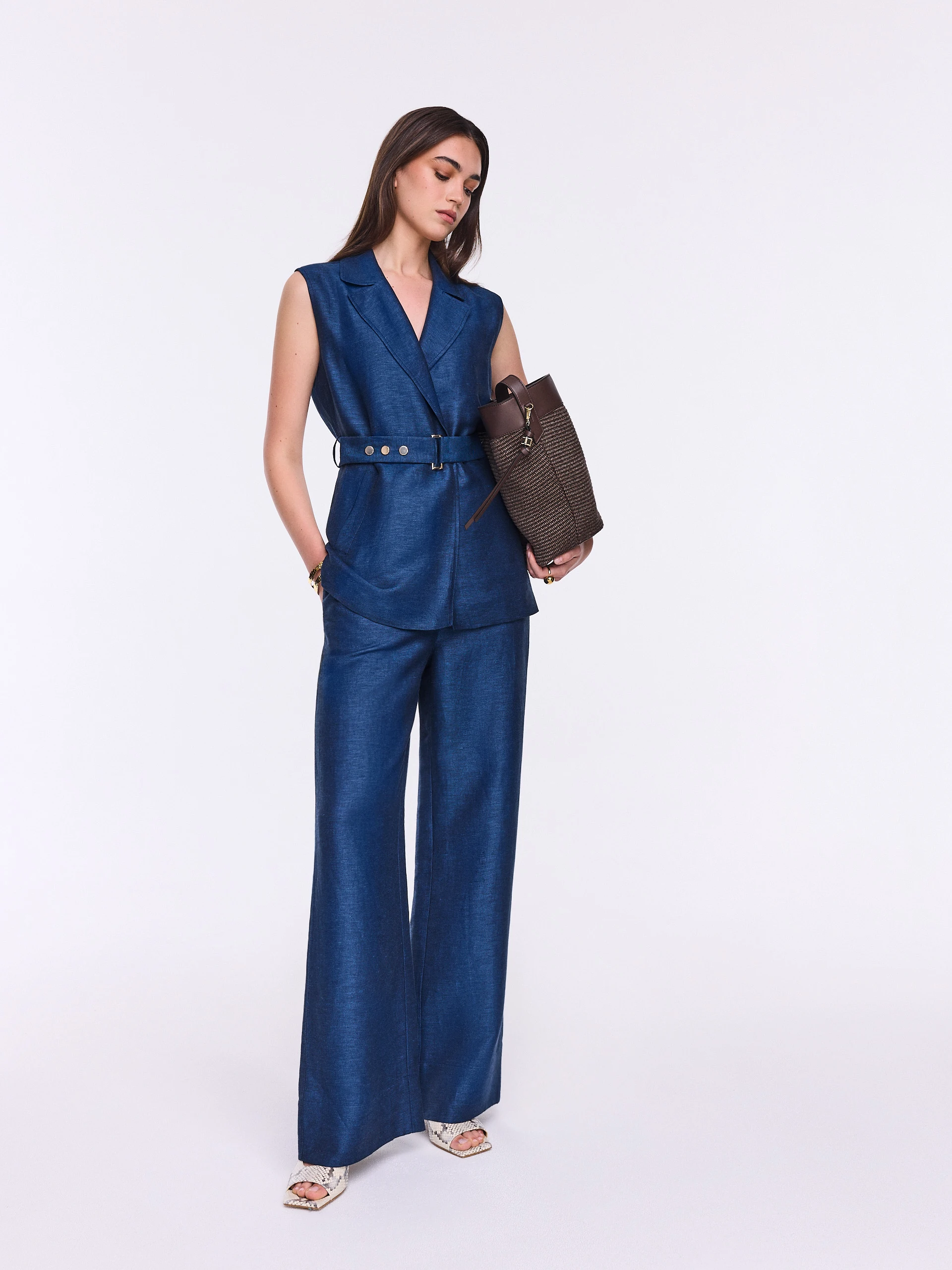 Navy blue loose linen and viscose trousers