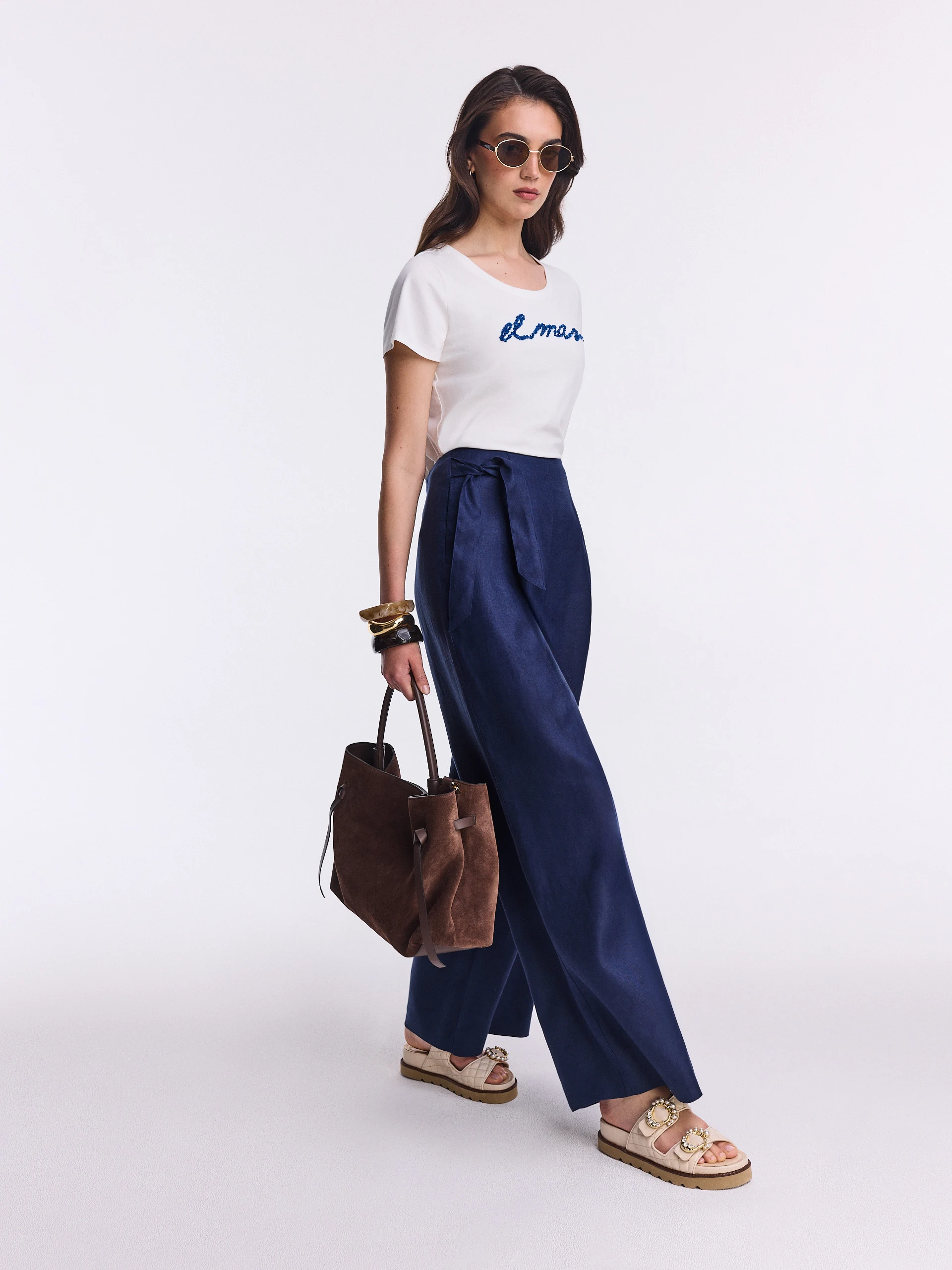 Navy blue linen trousers with side ties