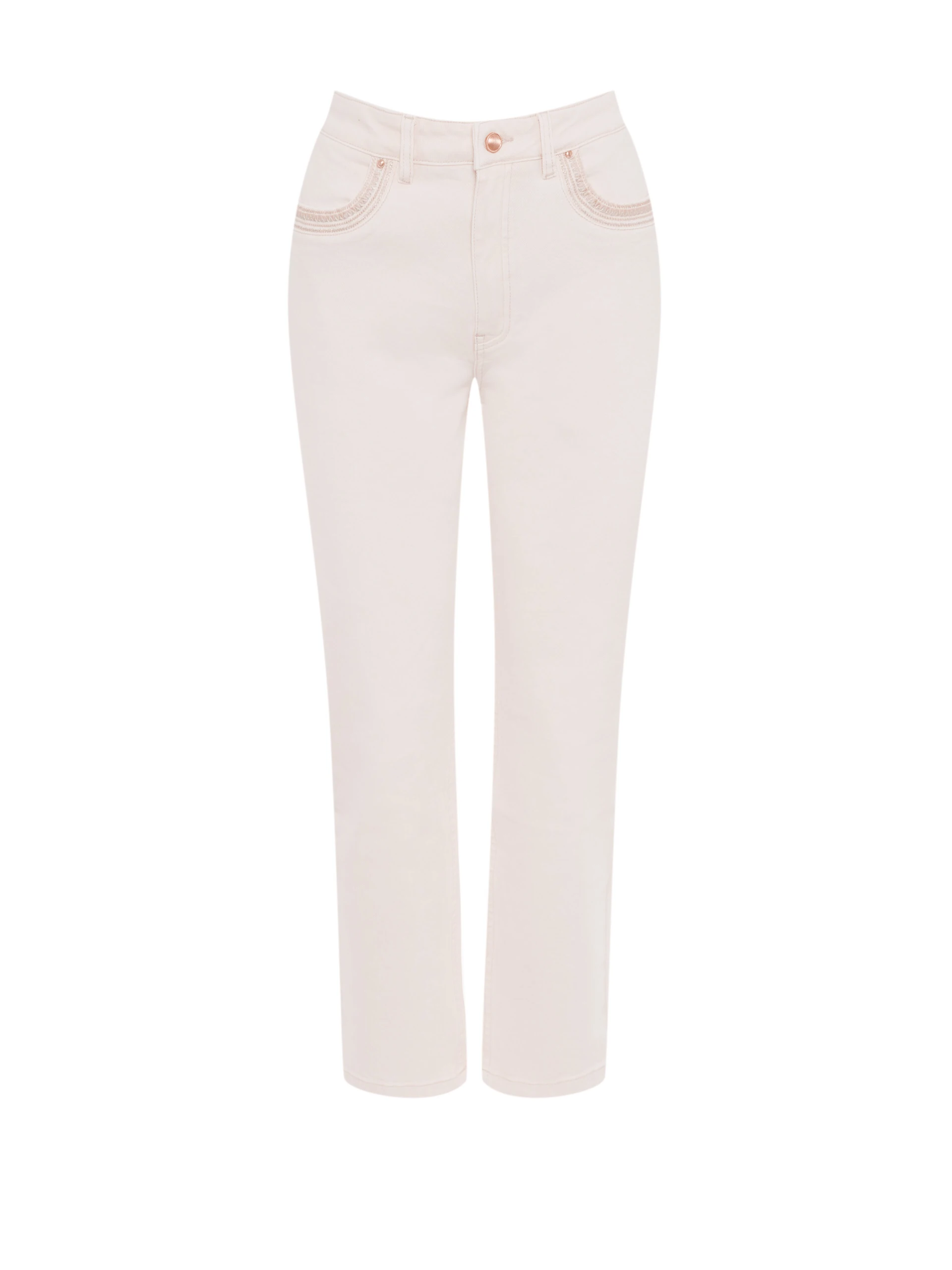 Cream-colored jeans with decorative embroidery