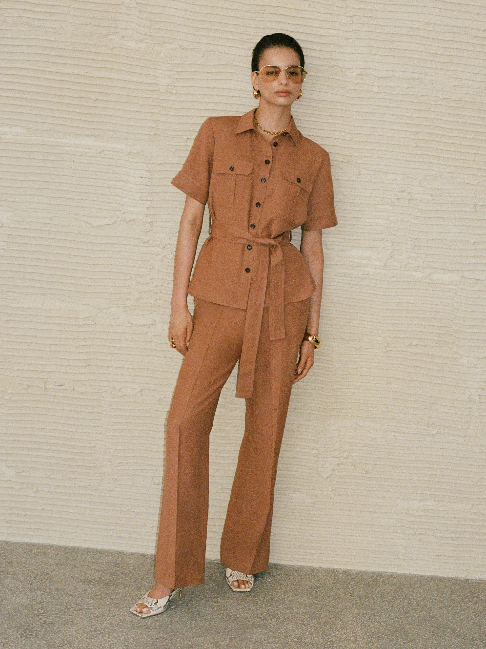 Caramel-colored wide-leg pants with linen