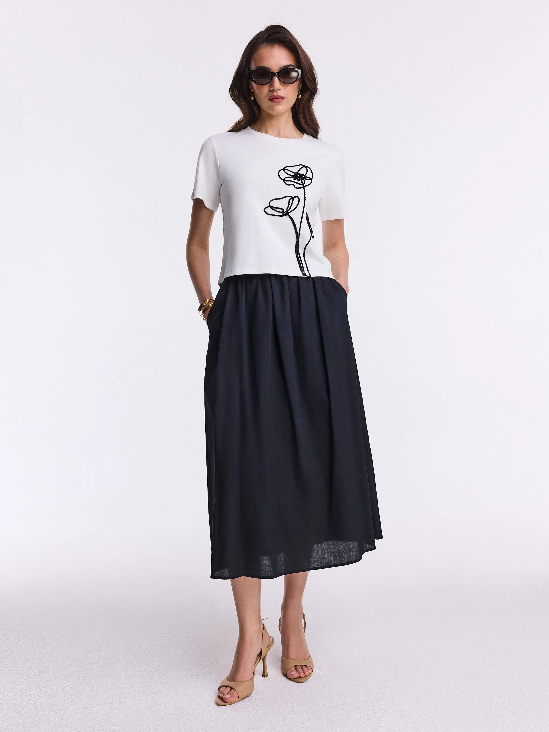 Black cotton high-waisted midi skirt