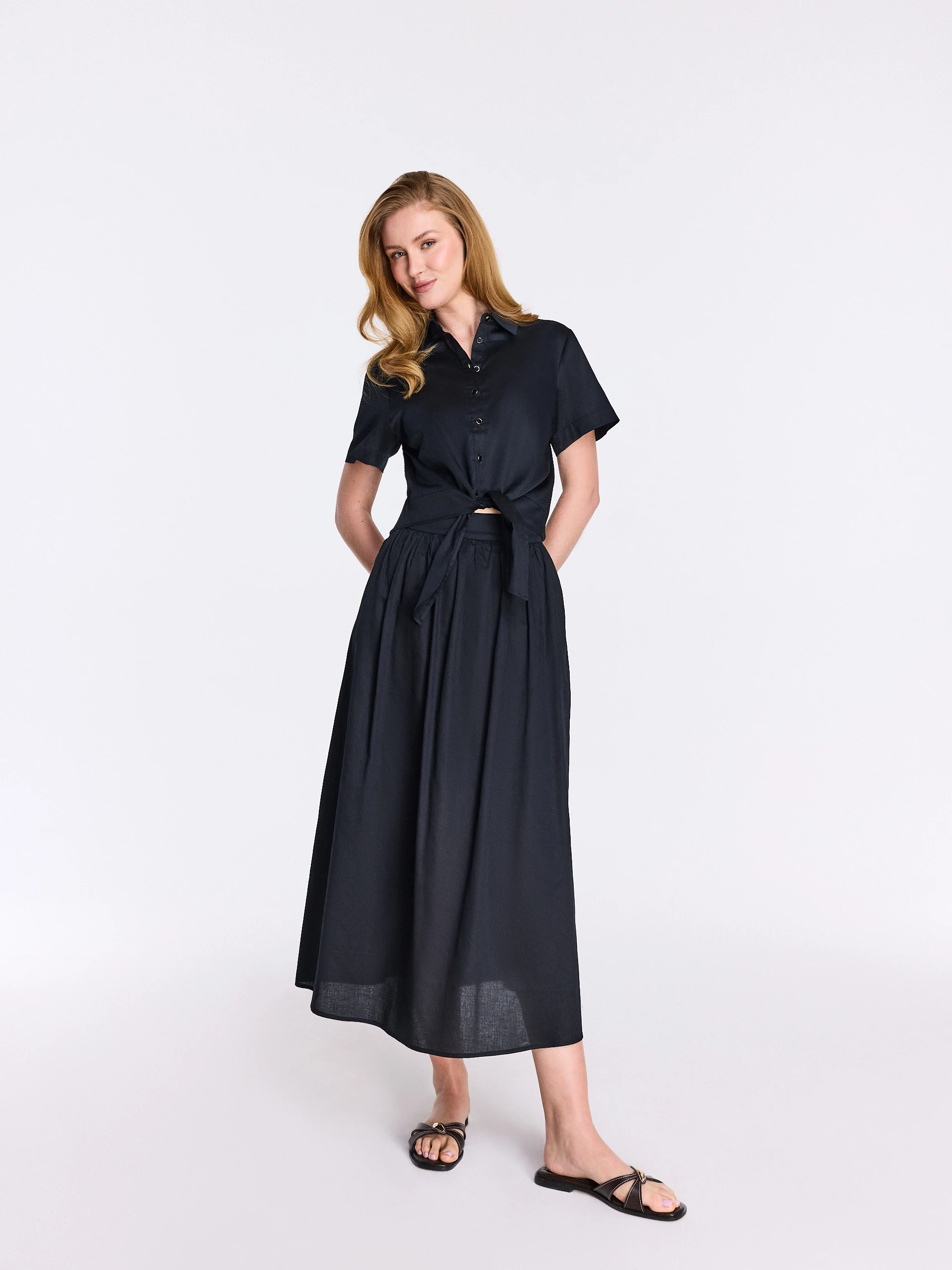 Black cotton high-waisted midi skirt
